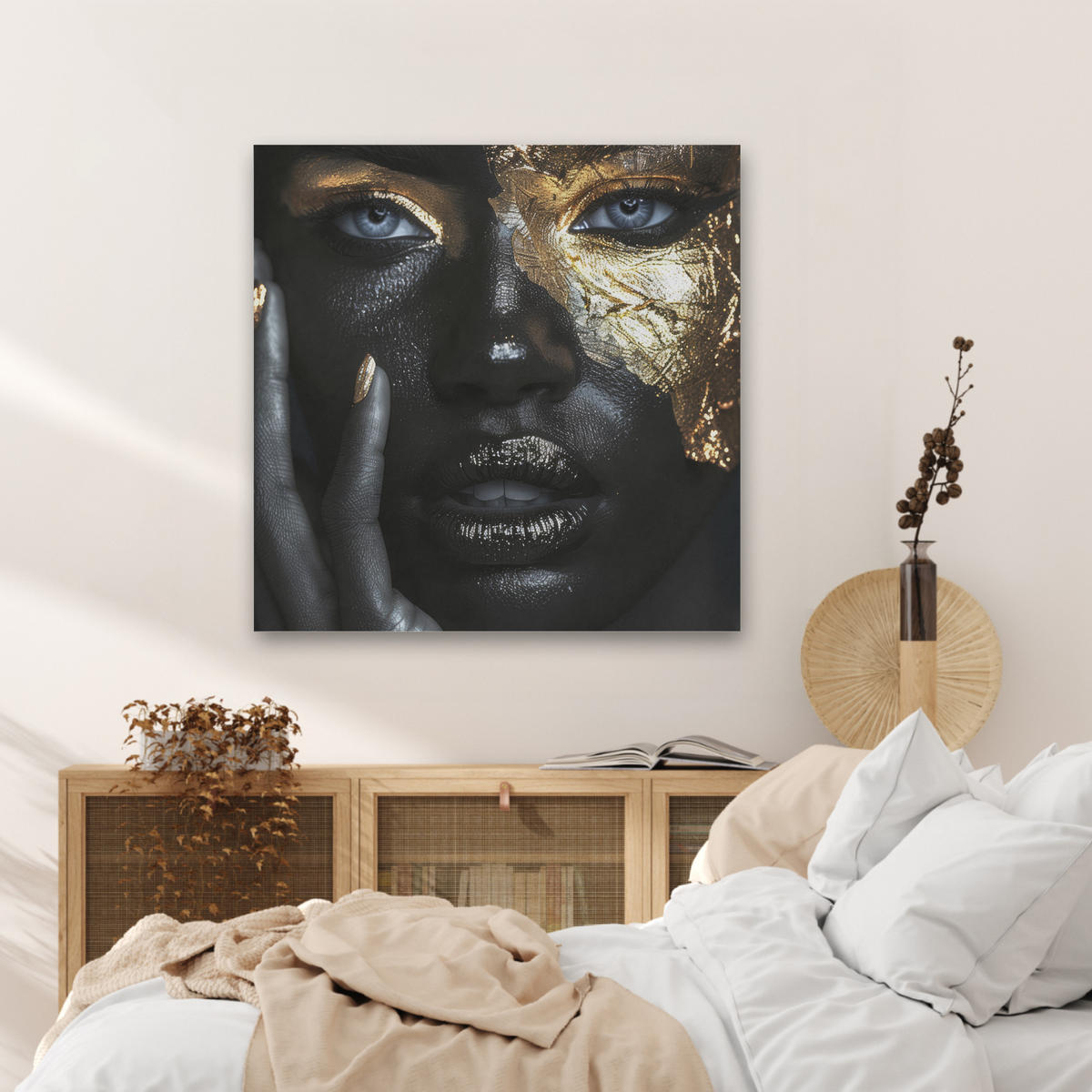 AKUSTIKBILD Frau - Gold - Porträt - Schwarz-Weiß - Luxus Akustikpaneele 80x80 cm - Hellblau, Kunststoff (80/80/0.9cm) - MuchoWow