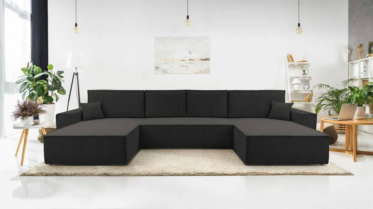 WOHNLANDSCHAFT Cedria Dunkelgrau 389/145/85 cm mit Schlaffunktion - Dunkelgrau/Schwarz, Kunststoff/Textil (389/85/145cm) - AX Living