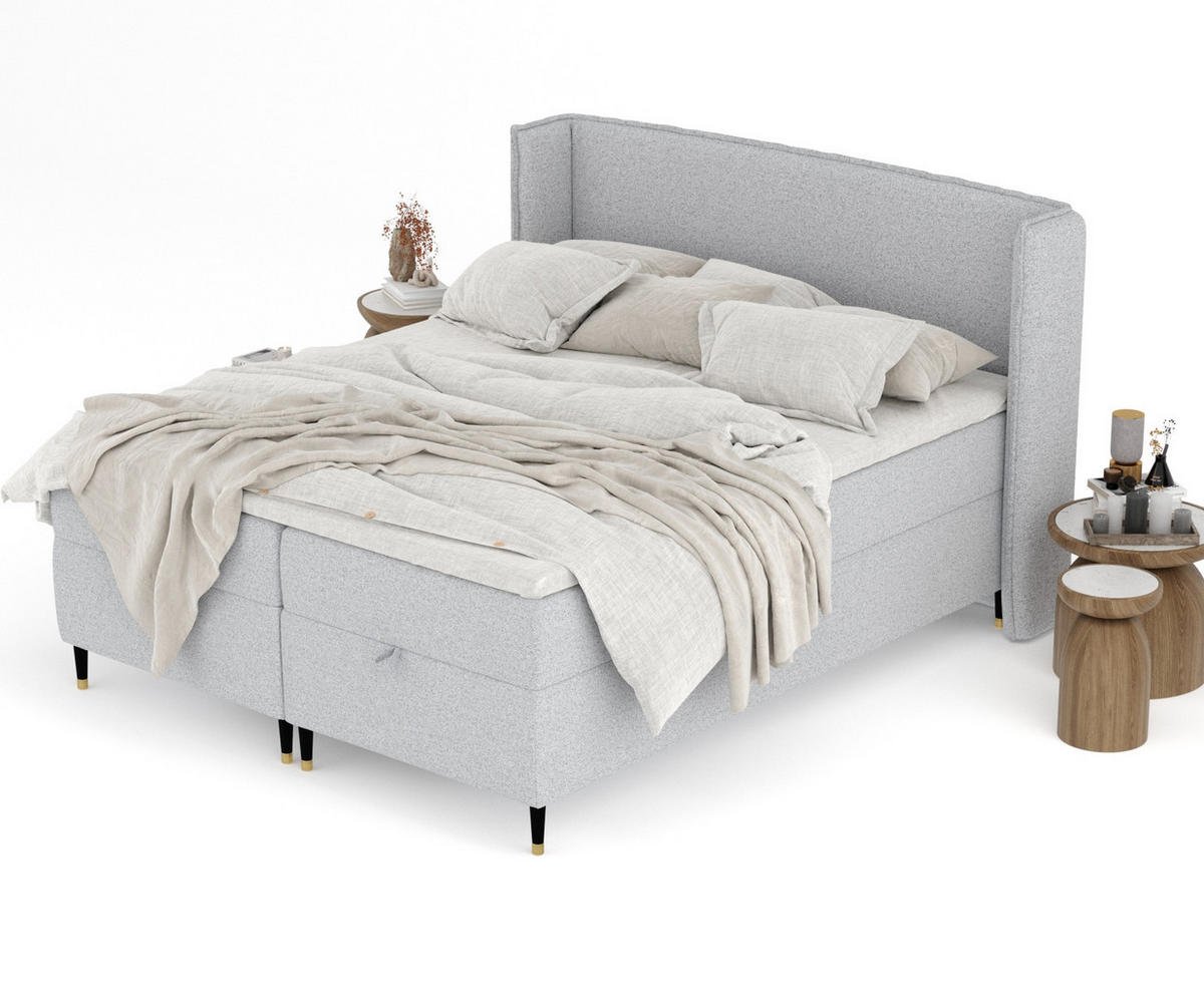 BOXBETT Monpelli Hellgrau 160/200 cm mit Matratze und Topper - Hellgrau/Schwarz, Holz/Holzwerkstoff (160/200cm) - Maison de Reve