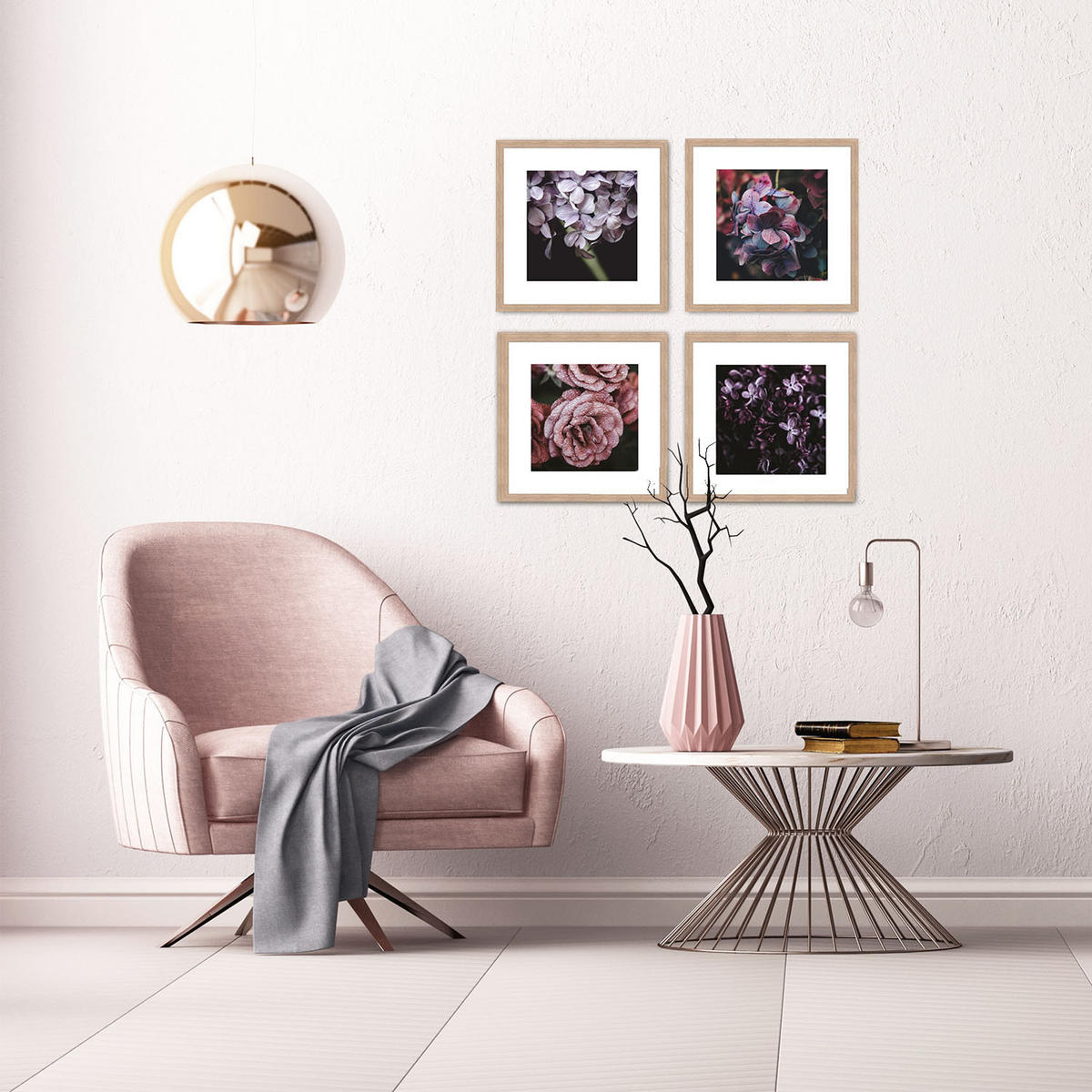 BILDER-SET mit Rahmen 4 x 30x30 cm Blumen rosa lila - Multicolor, Holz (30/30cm) - artissimo