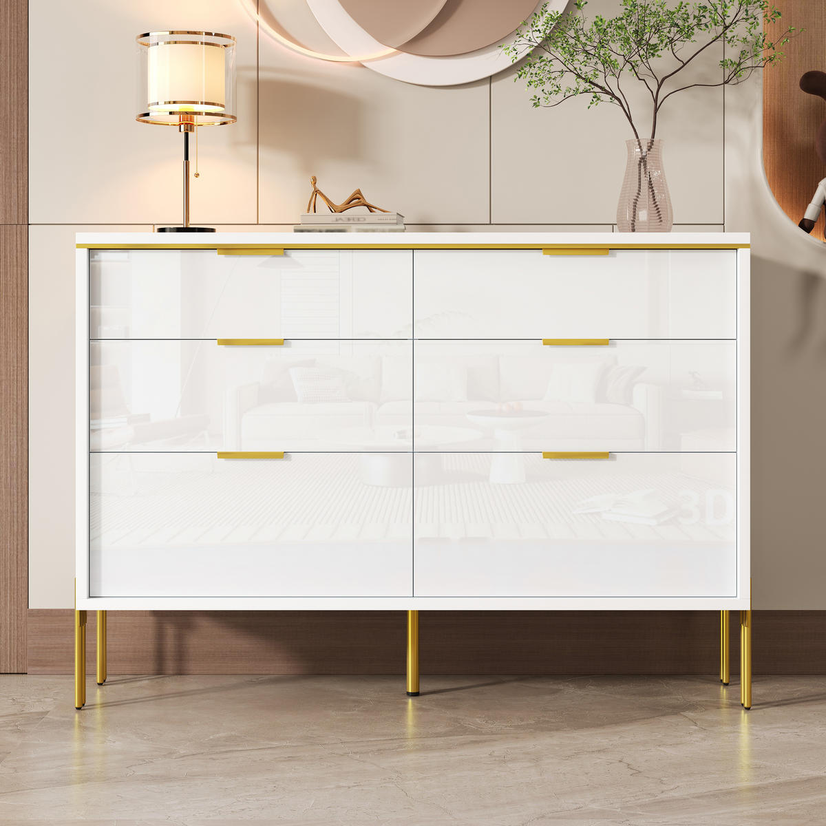 SIDEBOARD in Weiß Kommode mit 6 Schubladen, Hochglanz-Fronten und großem Stauraum für Wohnzimmer, B120/T40/H85.5cm - Goldfarben/Weiß, Holzwerkstoff/Metall (120/85.5/40cm) - STILVORA