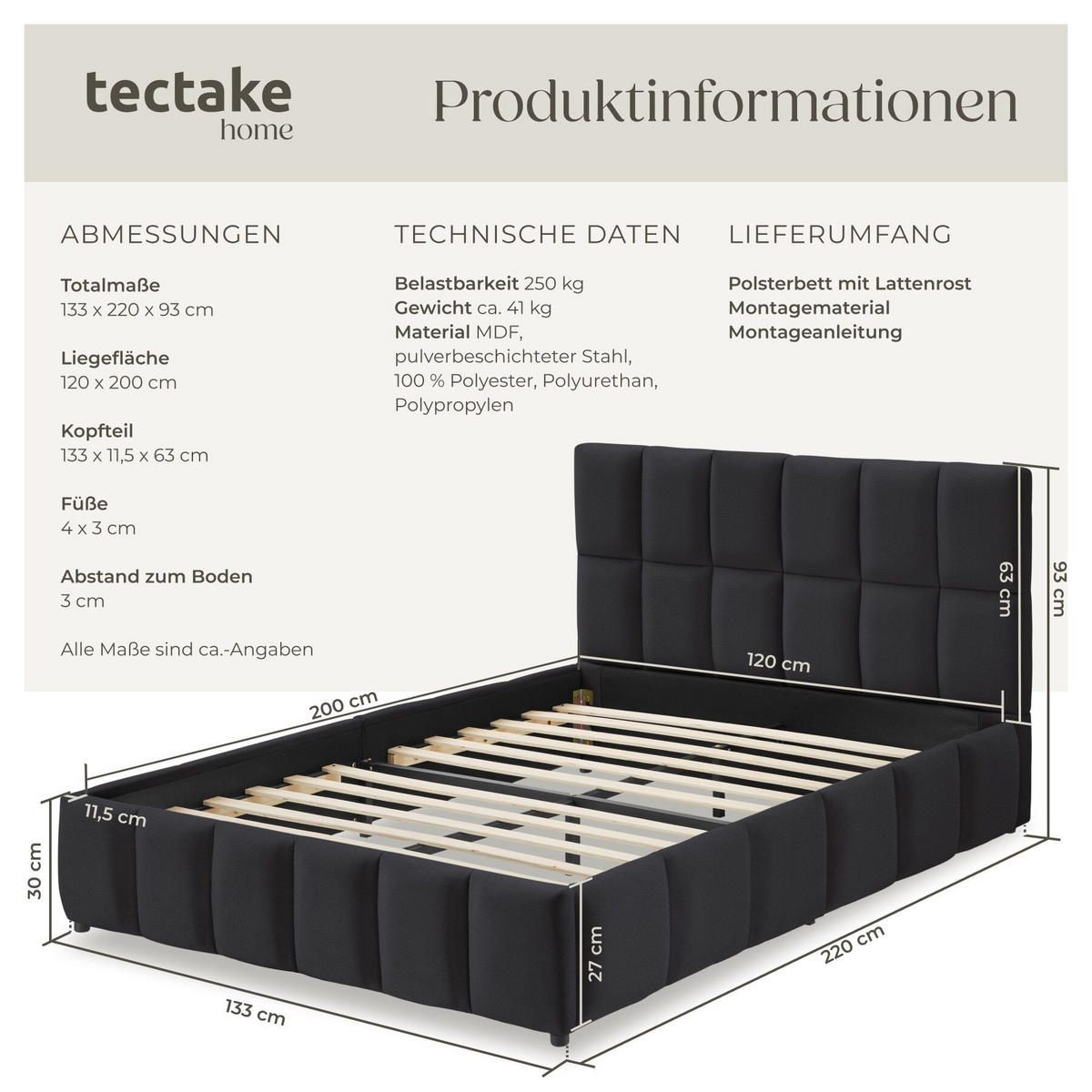 POLSTERBETT Shirley, Belastbarkeit 250 kg, Samtoptik schwarz - Schwarz/Samtahornfarben, Holz (120/200cm) - tectake