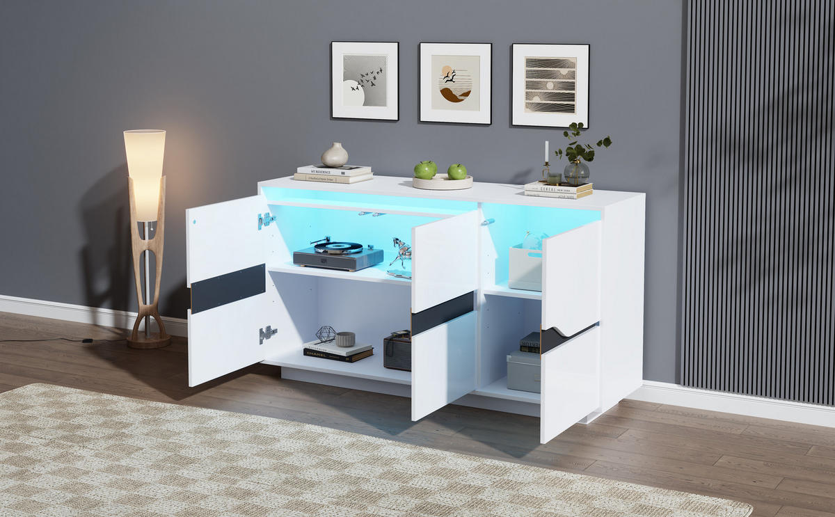 SIDEBOARD aus Spanplatte 140x40x70 cm Weiß/Schwarz mit LED-Beleuchtung, 3 Türen und verstellbaren Einlegeböden - Weiß, Holzwerkstoff (140/70/40cm) - Modfu