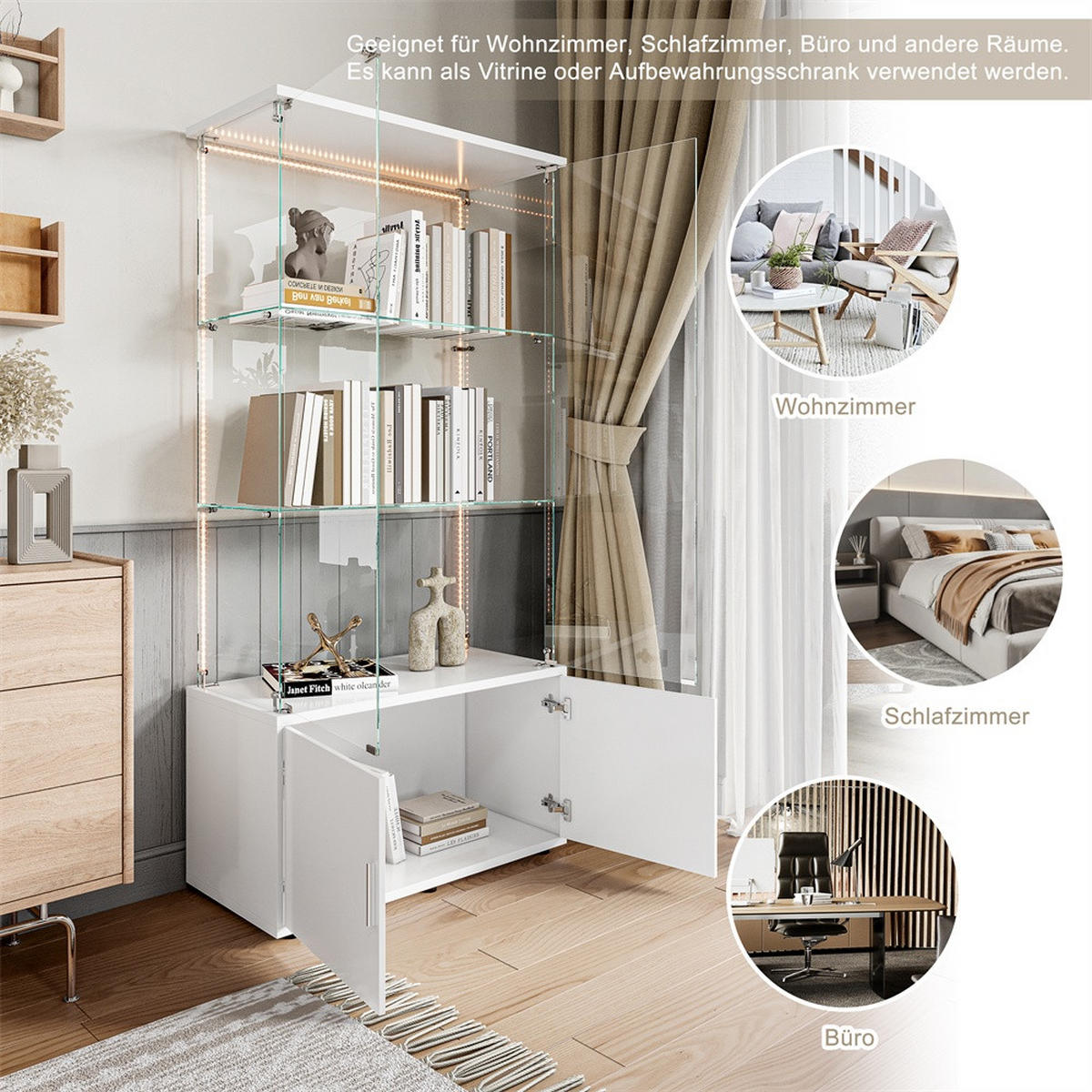 VITRINE - Glasvitrine mit Cabinet-Unterbau - 4 Türen und 3 Ebenen - LED-Lichtband-Beleuchtung - Weiß - Weiß, Glas (78.51/164/35cm) - DELFA