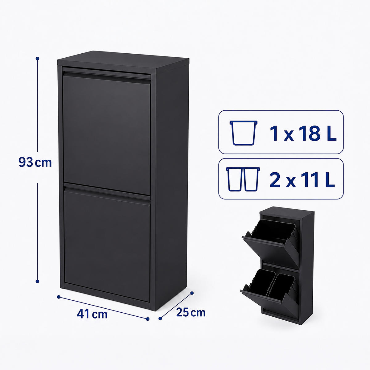 MÜLLEIMER Schwarz 3-Fach 40 l - Schwarz, Kunststoff/Metall (41/93/25cm) - Relaxdays