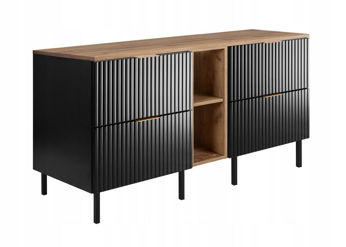 WASCHBECKUNTERSCHRANK FLOW mit Regal + Platte Schwarz matt 140/57/46 cm - Schwarz, Holzwerkstoff (140/57/46cm) - Rodan