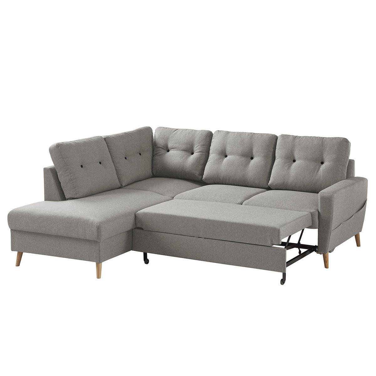 ECKSOFA mit Ottomane - Webstoff - Hellbraun/Grau, Holz/Textil (230/200cm) - home24