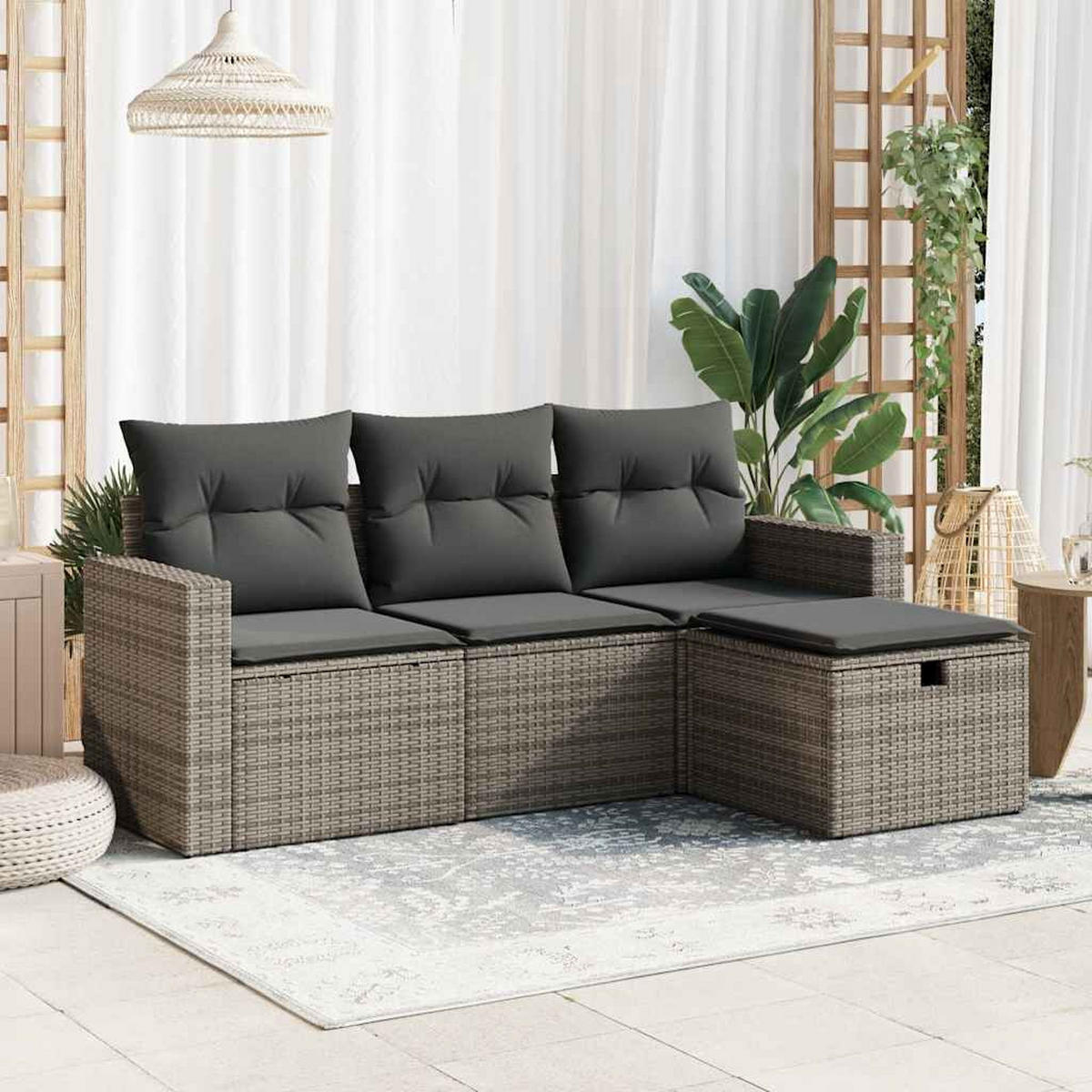 GARTEN-SOFAGARNITUR 4-TLG. Mit Kissen Grau Poly Rattan - Grau, Kunststoff - vidaXL