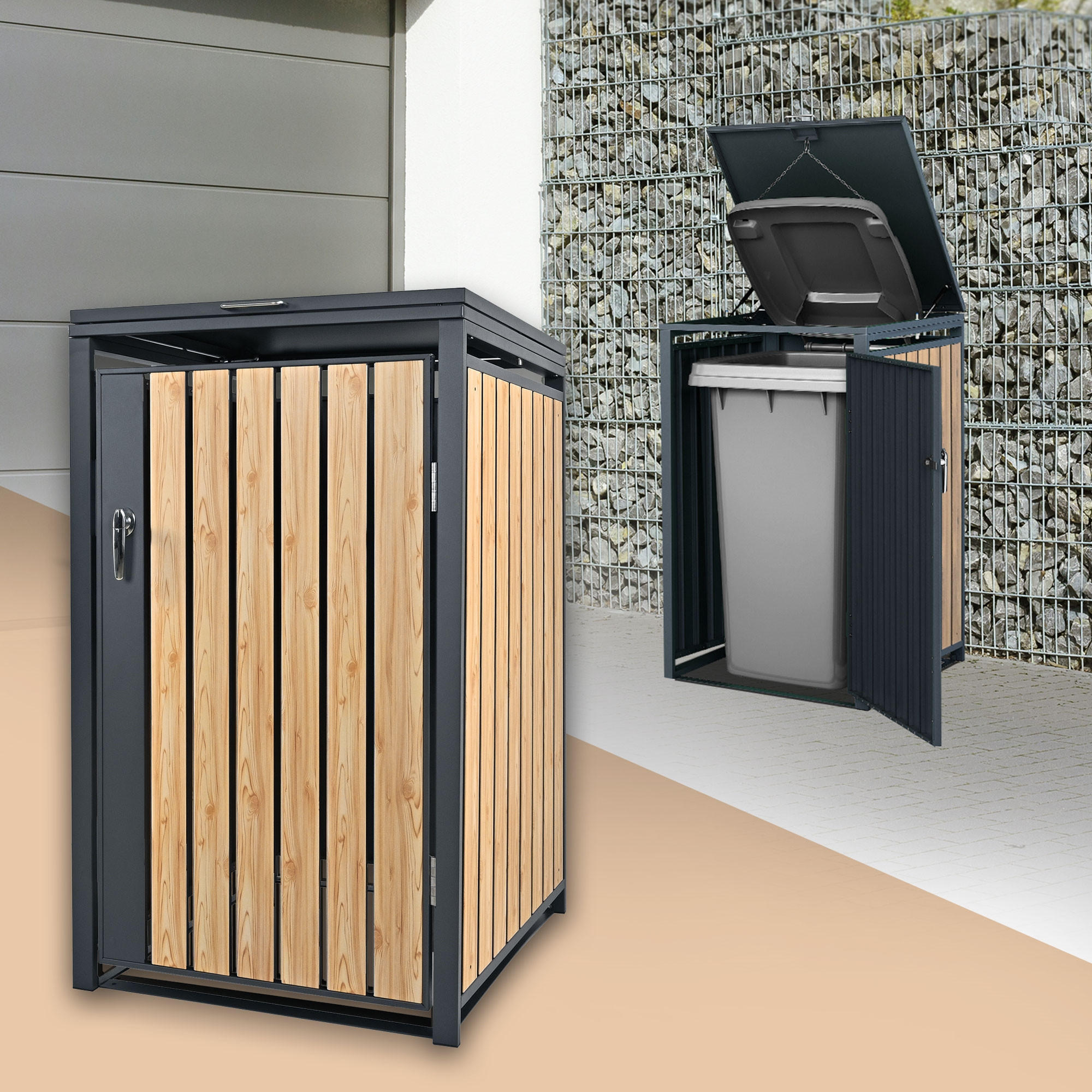MÜLLTONNENBOX 1er Anthrazit-Lärchenoptik - Naturfarben, Metall (80/116.3/68cm) - ML-DESIGN