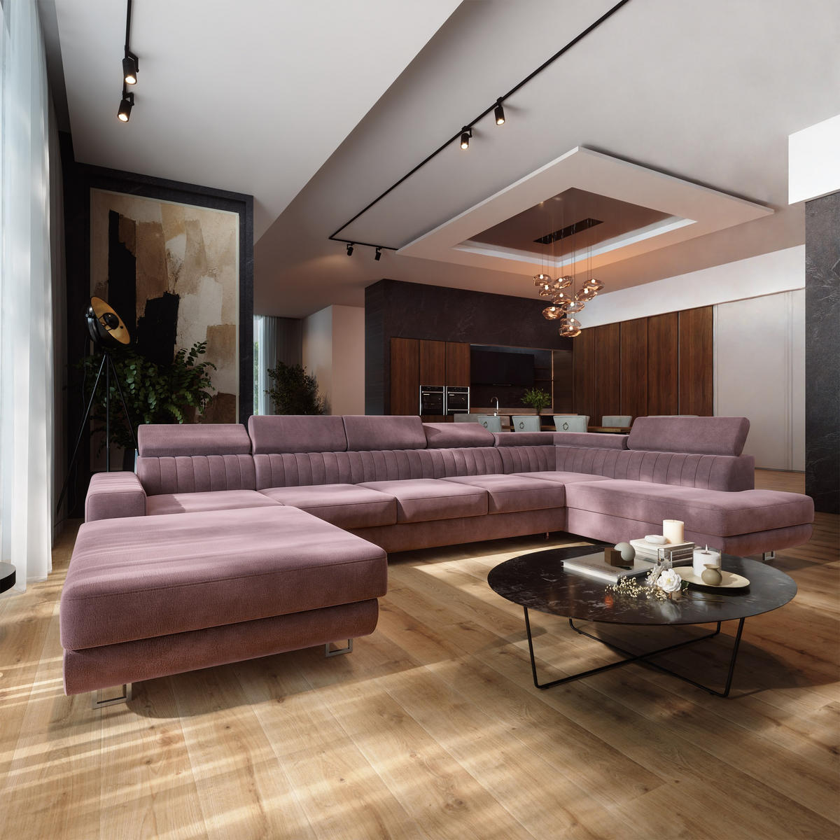 WOHNLANDSCHAFT GAIAN Lila Velours-Stoff mit Schlaffunktion - Lila, Holz (412/88/190cm) - MASSENO