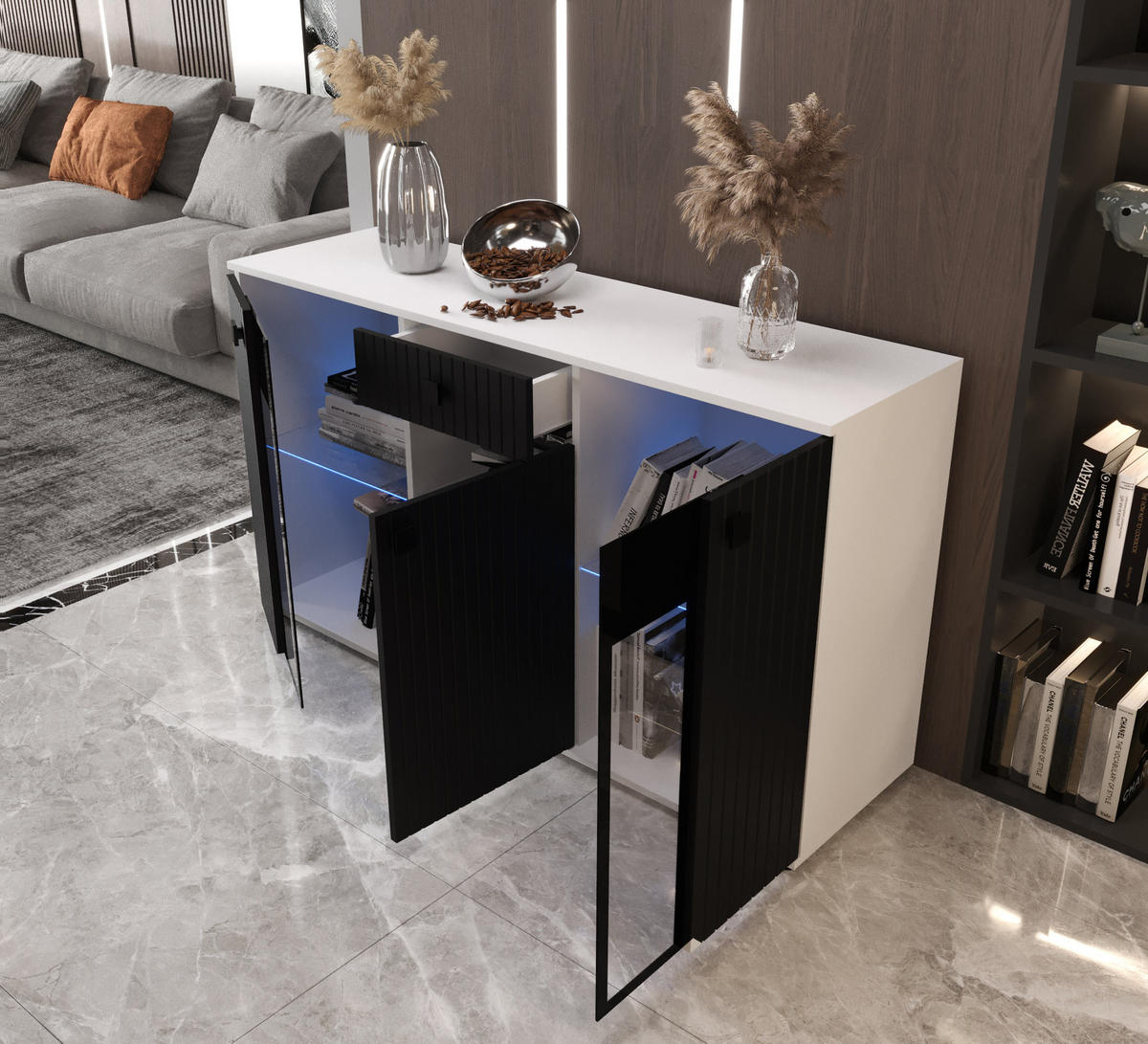 KOMMODE London LSMK LAMELE mit 3 Türen, Sideboard in Farbe: Schwarz|Weiß, Größe: 140 x 80 x 40 cm - Schwarz/Weiß, Holzwerkstoff (140/80/40cm) - O-Sofa