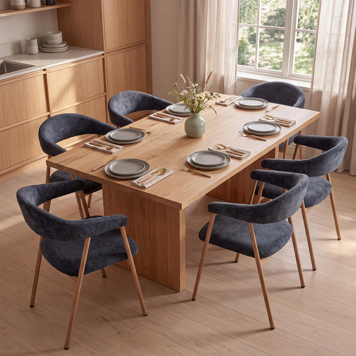 ESSZIMMERSTÜHLE 6er-Set, gepolstert, Chenille, Metallbeine in Holzoptik, Blau - Blau, Textil (61/80.5/59cm) - Meubles Cosy