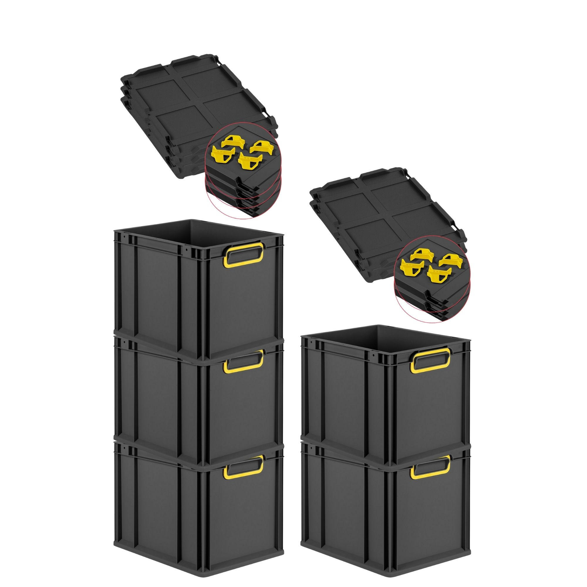 EUROBOX 5x NextGen Color mit Auflagedeckel 32x30x40 cm 30 Liter Schwarz Griffe gelb zu - Gelb/Schwarz, Kunststoff (30/32/40cm) - PROREGAL