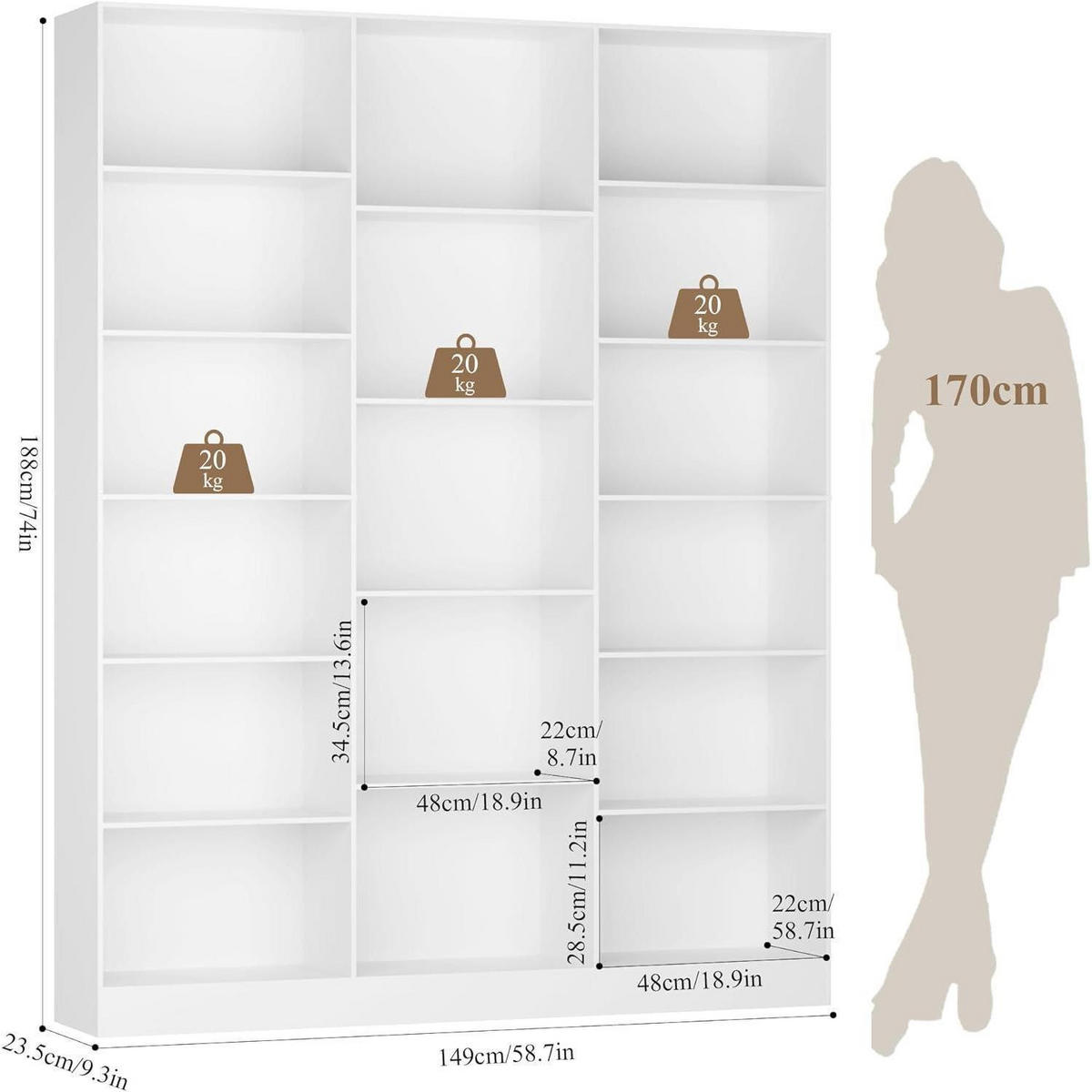 BÜCHERREGAL 188 cm weiß - Weiß, Holzwerkstoff (149/188/23.5cm)