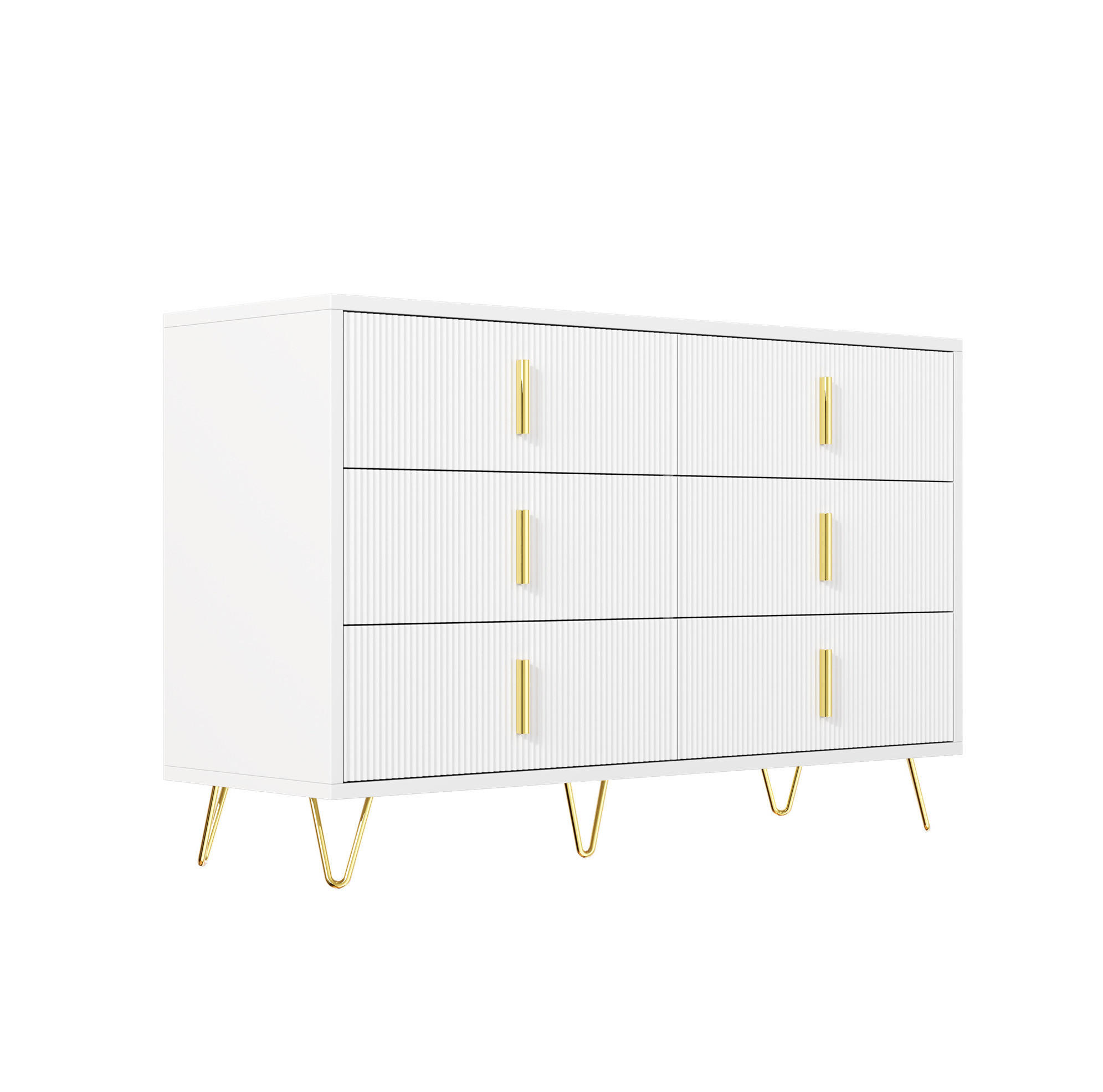 SIDEBOARD 120/77/40 cm Weiß/Gold aus Spanplatte mit 6 Schubladen - Weiß, Holzwerkstoff (40/77/120cm) - OKMYHOME