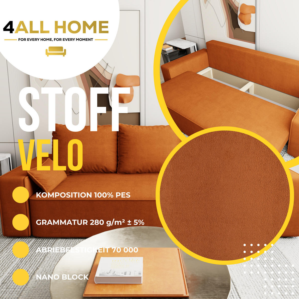 SOFA Veno mit Bettkasten und Schlaffunktion, Couch, Schlafsofa, Velourstoff - Rostfarben, Holzwerkstoff (242/85/95cm)