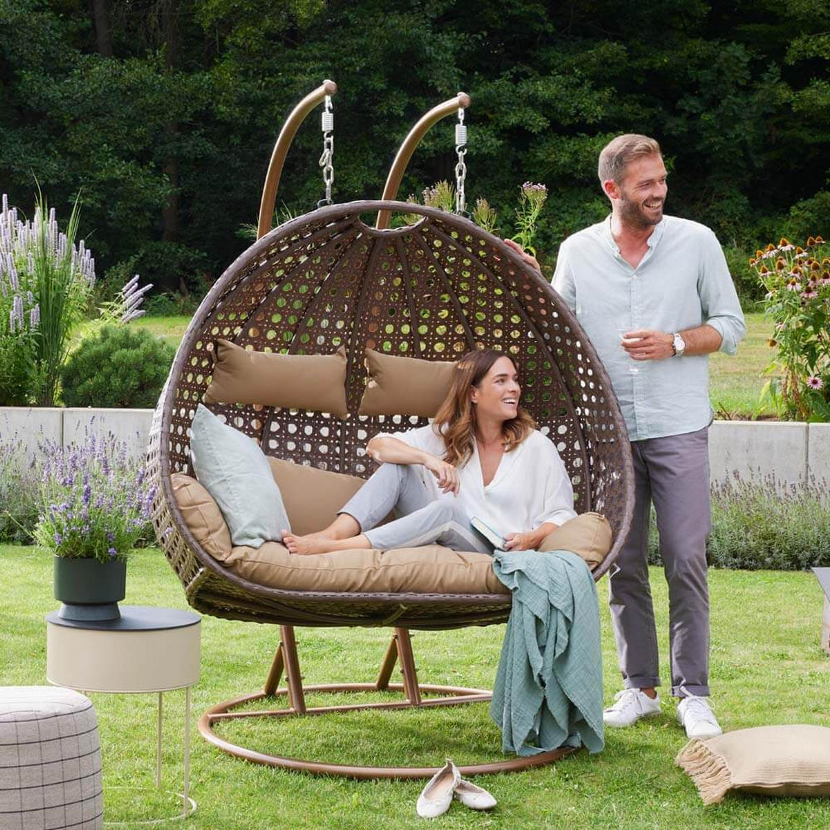 POLYRATTAN Hängesessel TWIN - Braun für 2 Personen - Braun, Kunststoff (145/126/74cm) - Home Deluxe