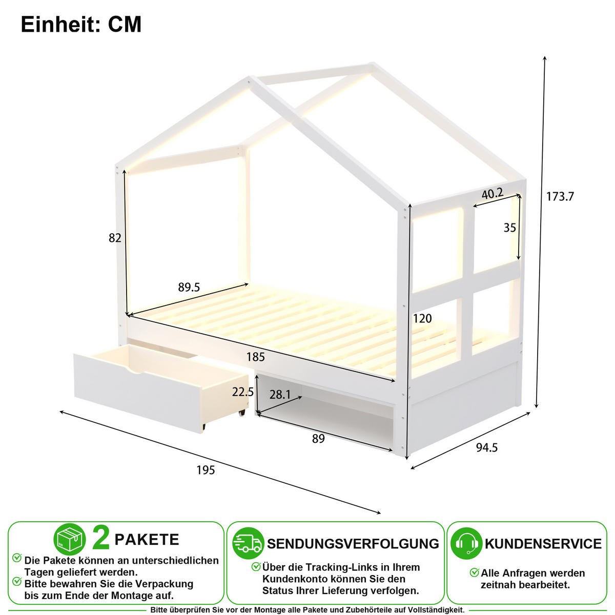 HAUSBETT 90/190 cm in Weiß mit Schublade, Schuhschrank und LED - Weiß, Holz/Holzwerkstoff (90/190cm) - CHICFURN