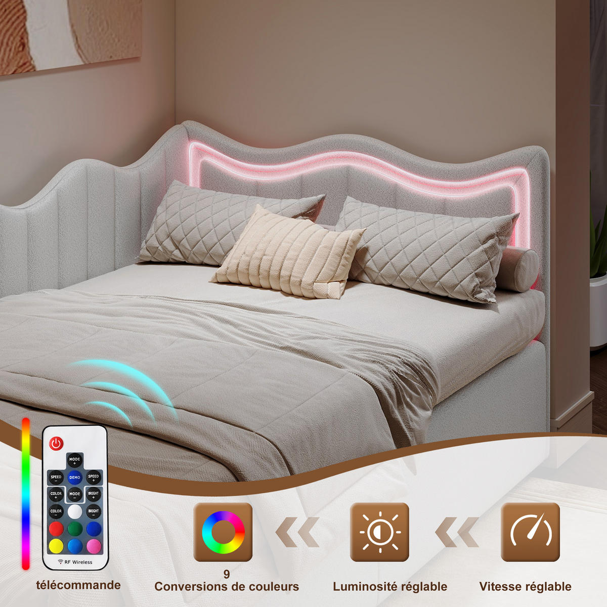 KINDERBETT 90x200cm weiß plüsch stauraum led kopfteil - Beige, Metall - SHOPENTRA