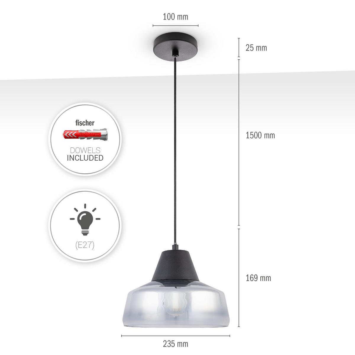 PENDELLEUCHTE Diara - Chromfarben/Schwarz, Metall (23.5/23.5/16.9cm) - Paco Home