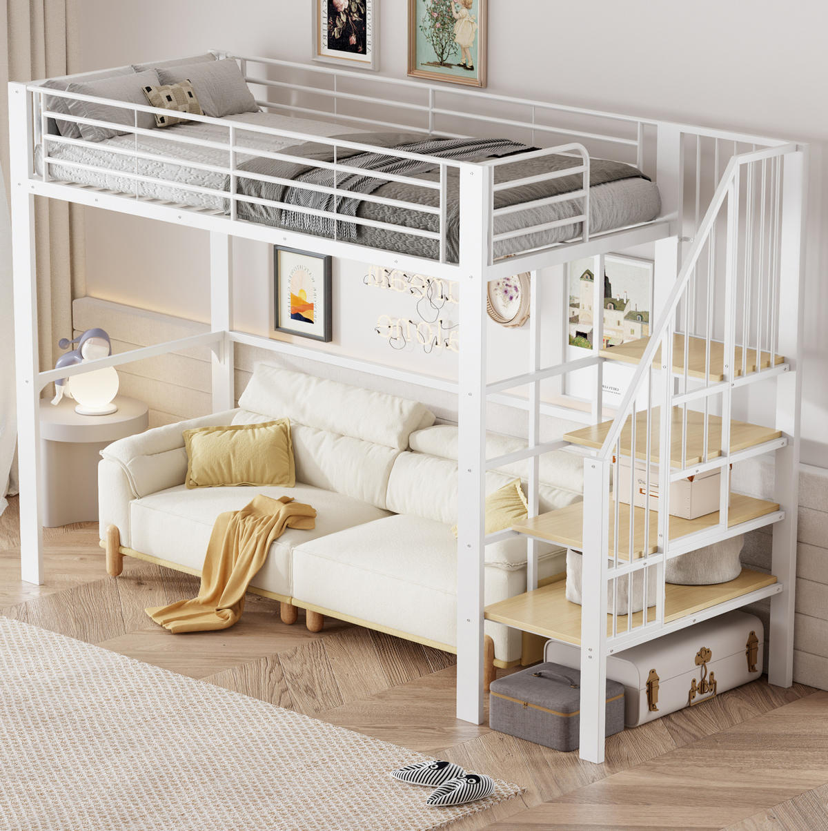 HOCHBETT aus Metall und Holz 90x200 cm Weiß mit Treppe und Stauraum unter dem Bett - Weiß, Metall (90/200cm) - Modfu