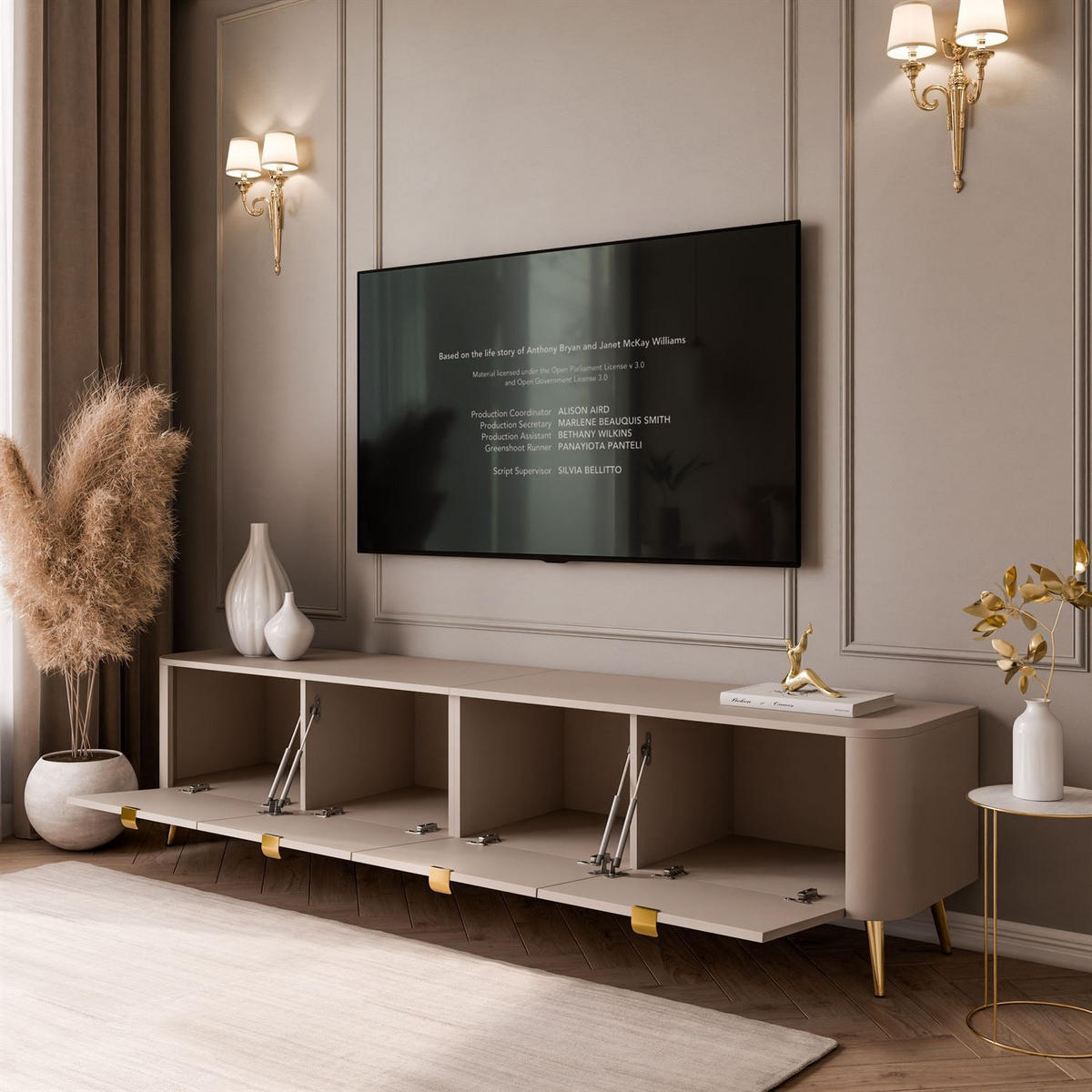 TV-SCHRANK CELESTE 200 cm mit Beleuchtung an den Gold Chrom Füßen - Kaschmir, Holzwerkstoff (200/46.5/40cm) - Lookway