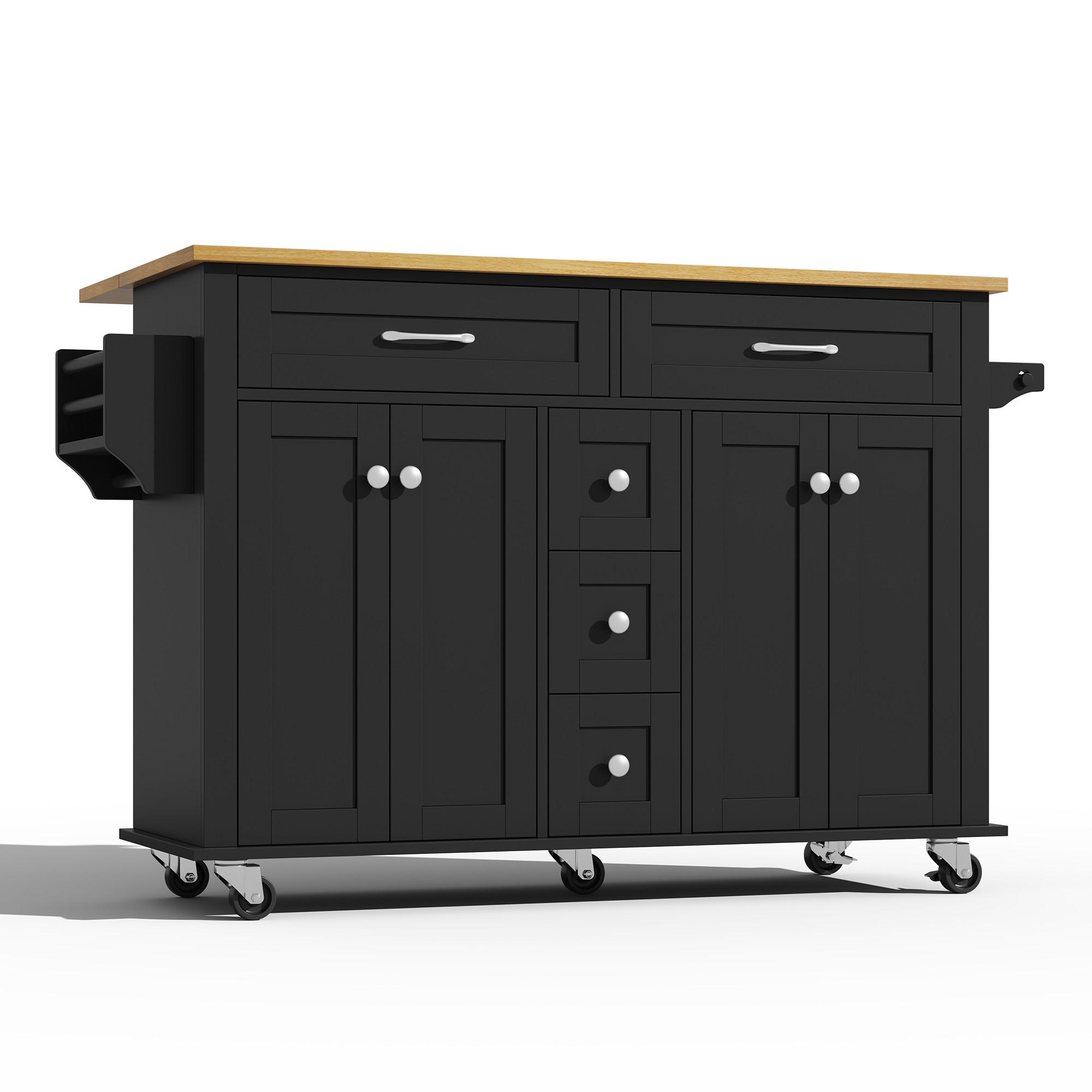 KÜCHENINSELWAGEN 140x65x89cm Schwarz mit ausklappbarer Platte, Schubladen & 5 Rollen - Schwarz, Holzwerkstoff (140/89/65cm) - Modfu