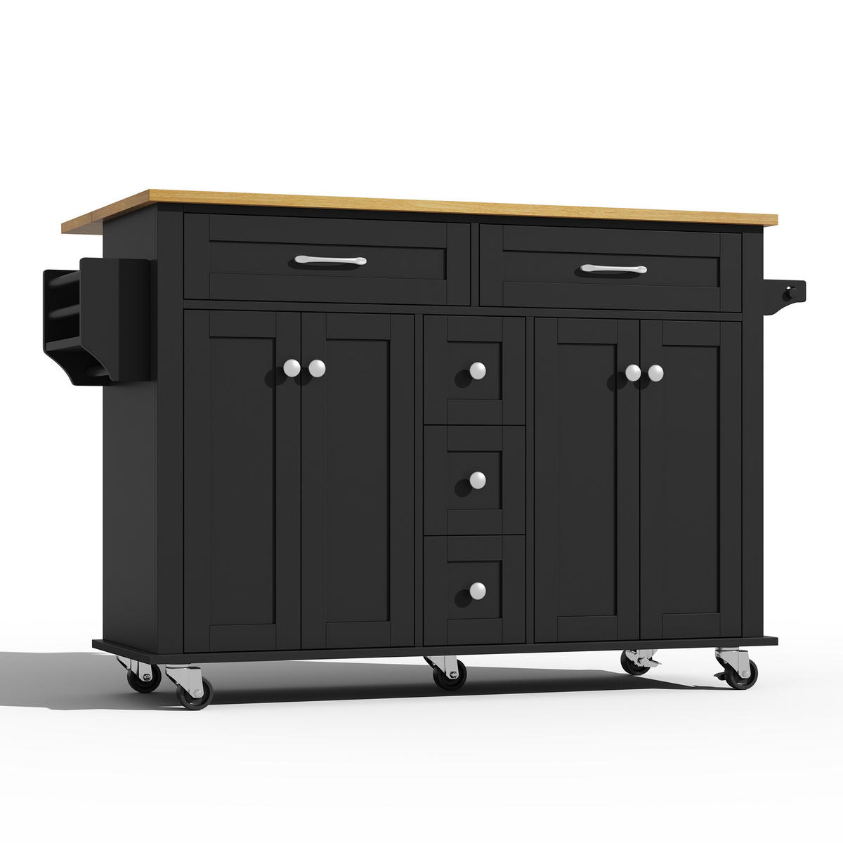 KÜCHENINSELWAGEN 140x65x89cm Schwarz mit ausklappbarer Platte, Schubladen & 5 Rollen - Schwarz, Holzwerkstoff (140/89/65cm) - Modfu