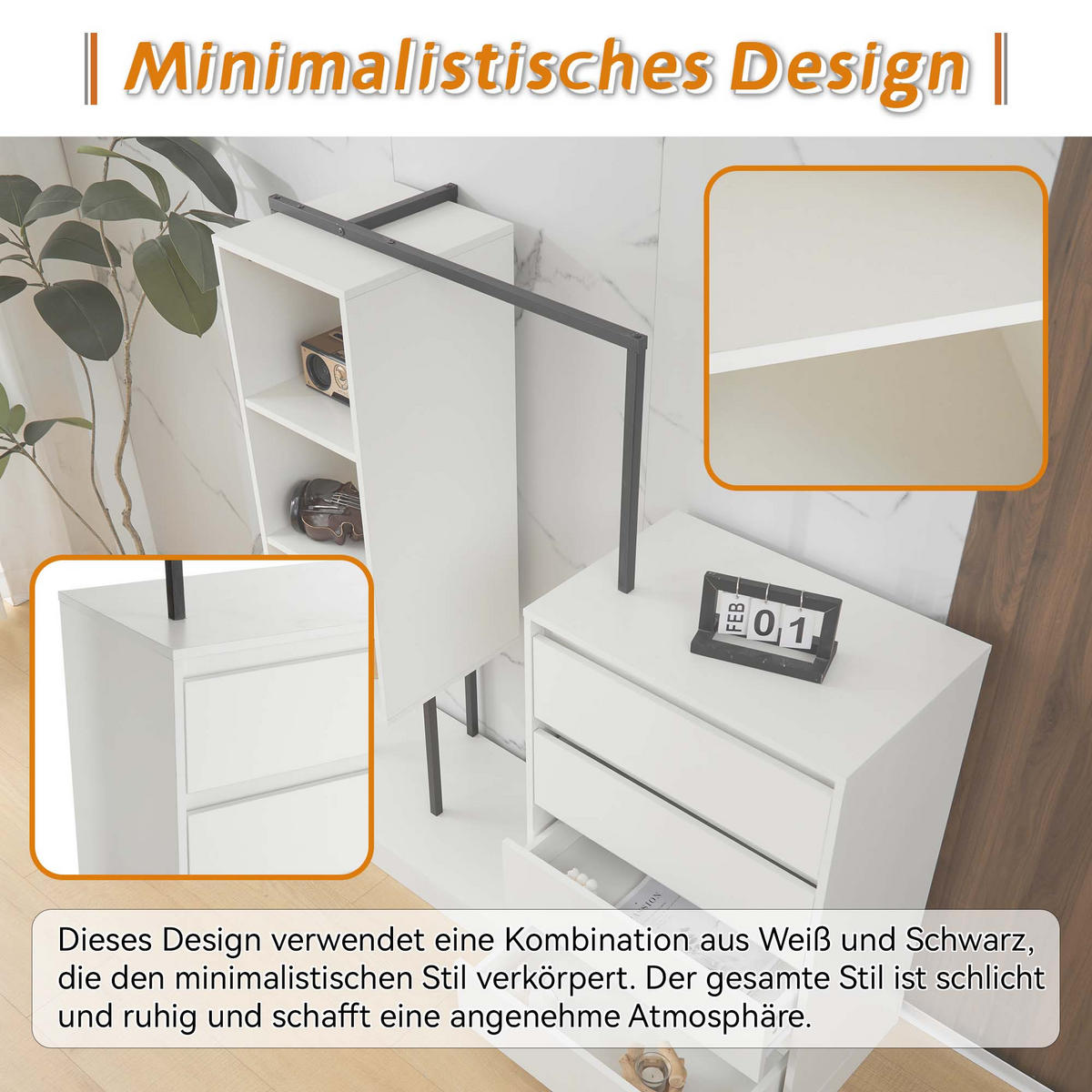 GARDEROBEN-SET in Weiß mit Kleiderstange und Schubladen für Schlafzimmer und Flur, B140/T40/H135 cm - Weiß, Holzwerkstoff/Metall (140/135/40cm) - STILVORA