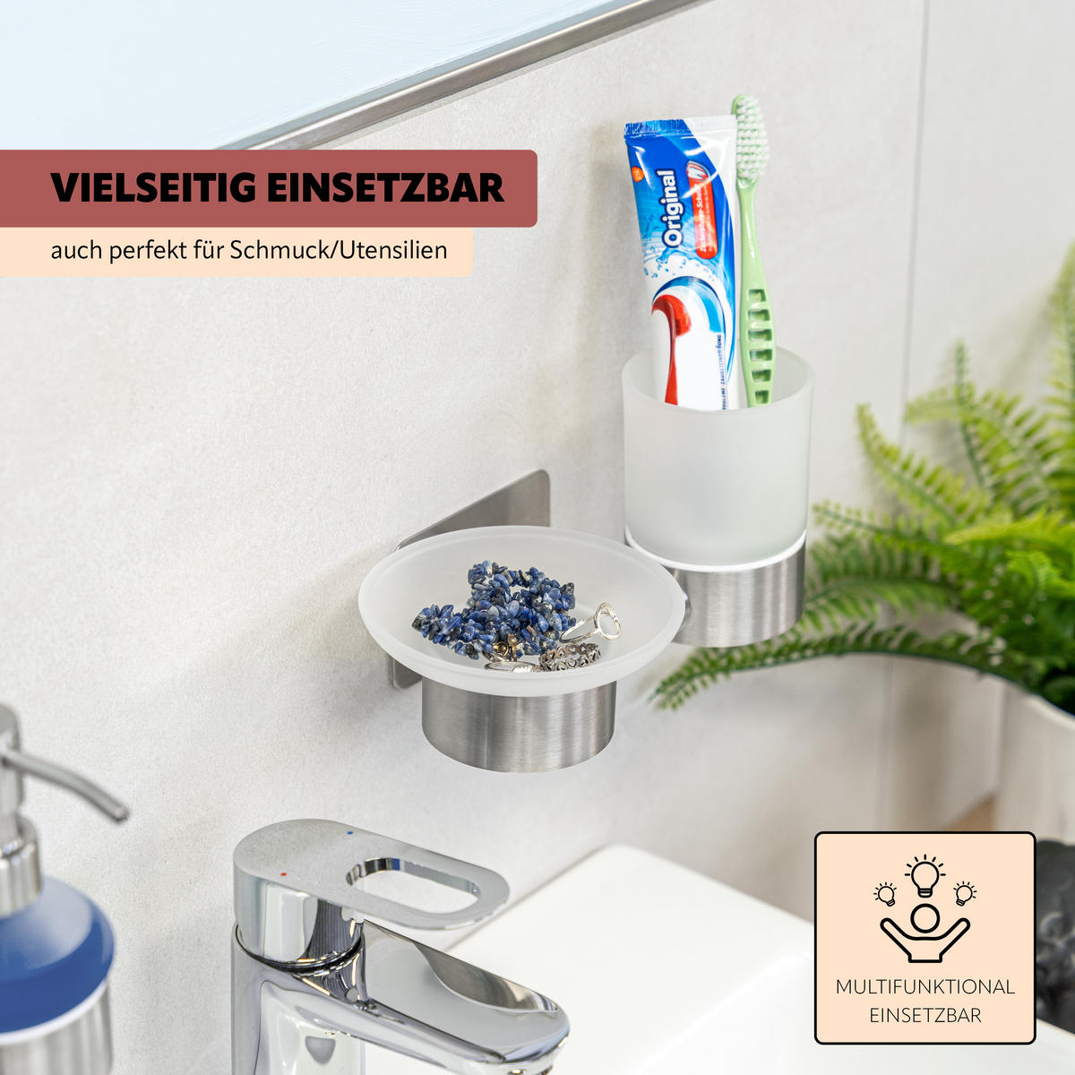 WANDHALTER PIAZZA TAPE mit Zahnputzbecher und Seifenschale, aus Glas und Edelstahl - Edelstahlfarben, Metall (20/10/13cm) - bremermann