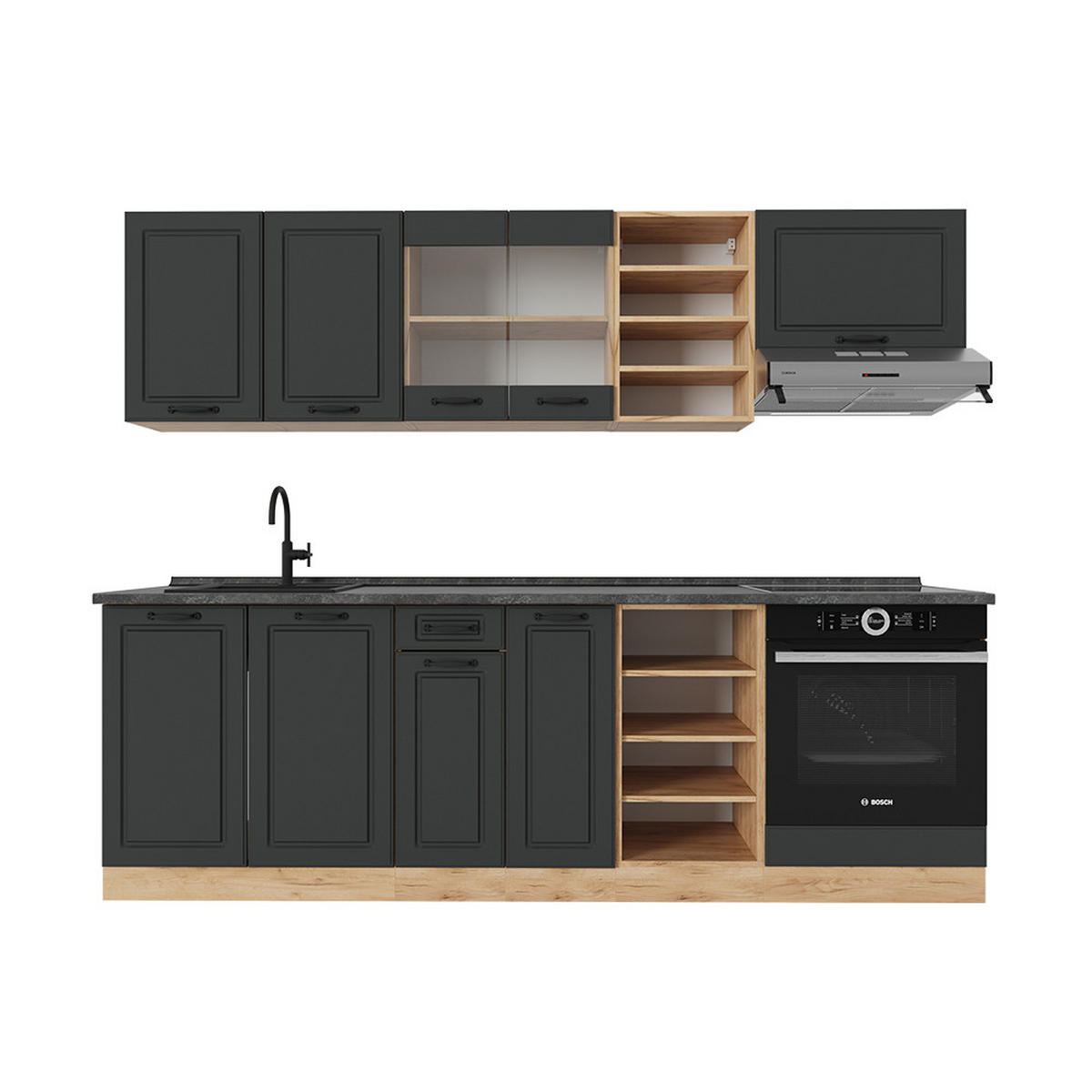 KÜCHENZEILE R-Line Anthrazit Landhaus/Goldkraft Eiche 240 cm , AP Anthrazit - Honigeiche/Anthrazit, Holzwerkstoff (240/81.6/60cm) - Vicco