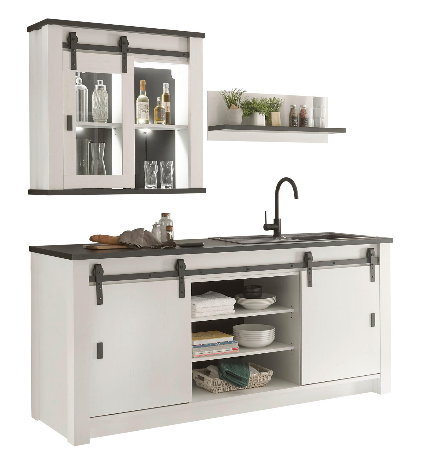 KÜCHEN-SET weiß Pinie, anthrazit 3-teilig, Küchenzeile im Landhaus-Stil - Anthrazit/Schwarz, Glas/Holzwerkstoff (201/93/64cm) - Furn.Design