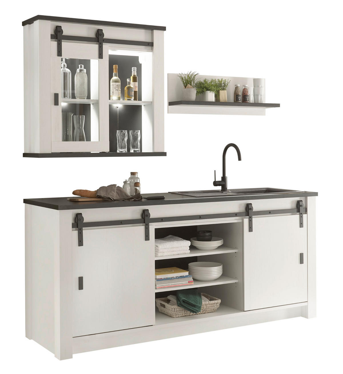 KÜCHEN-SET weiß Pinie, anthrazit 3-teilig, Küchenzeile im Landhaus-Stil - Anthrazit/Schwarz, Glas/Holzwerkstoff (201/93/64cm) - Furn.Design