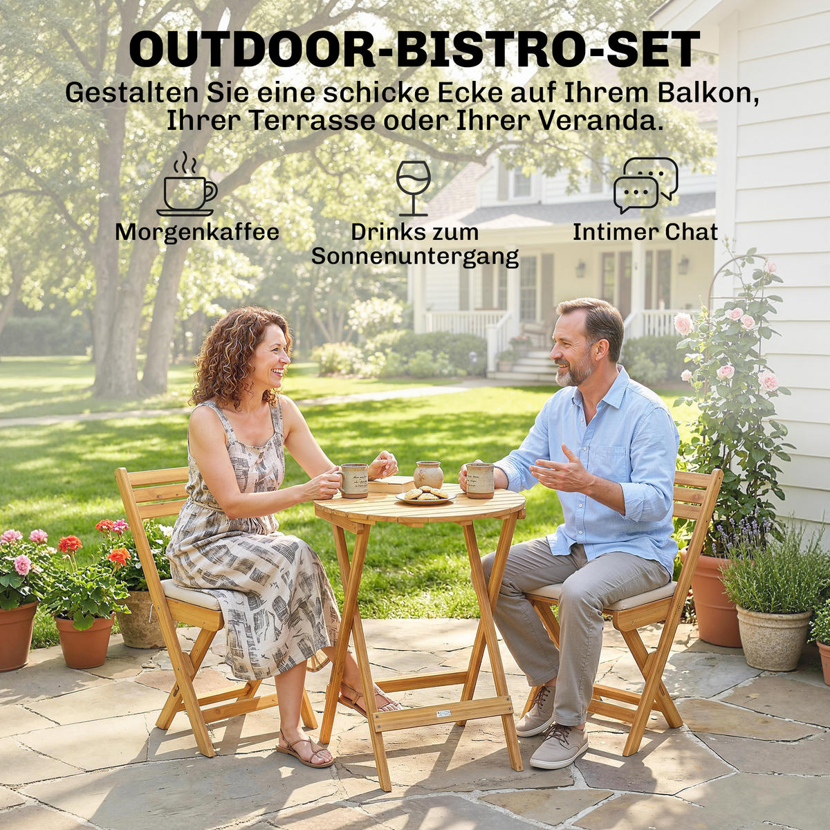 BALKONMÖBEL-SET 3er Set Akazienholz Polyester Naturholz - Beige/Naturfarben, Holz/Textil - Outsunny