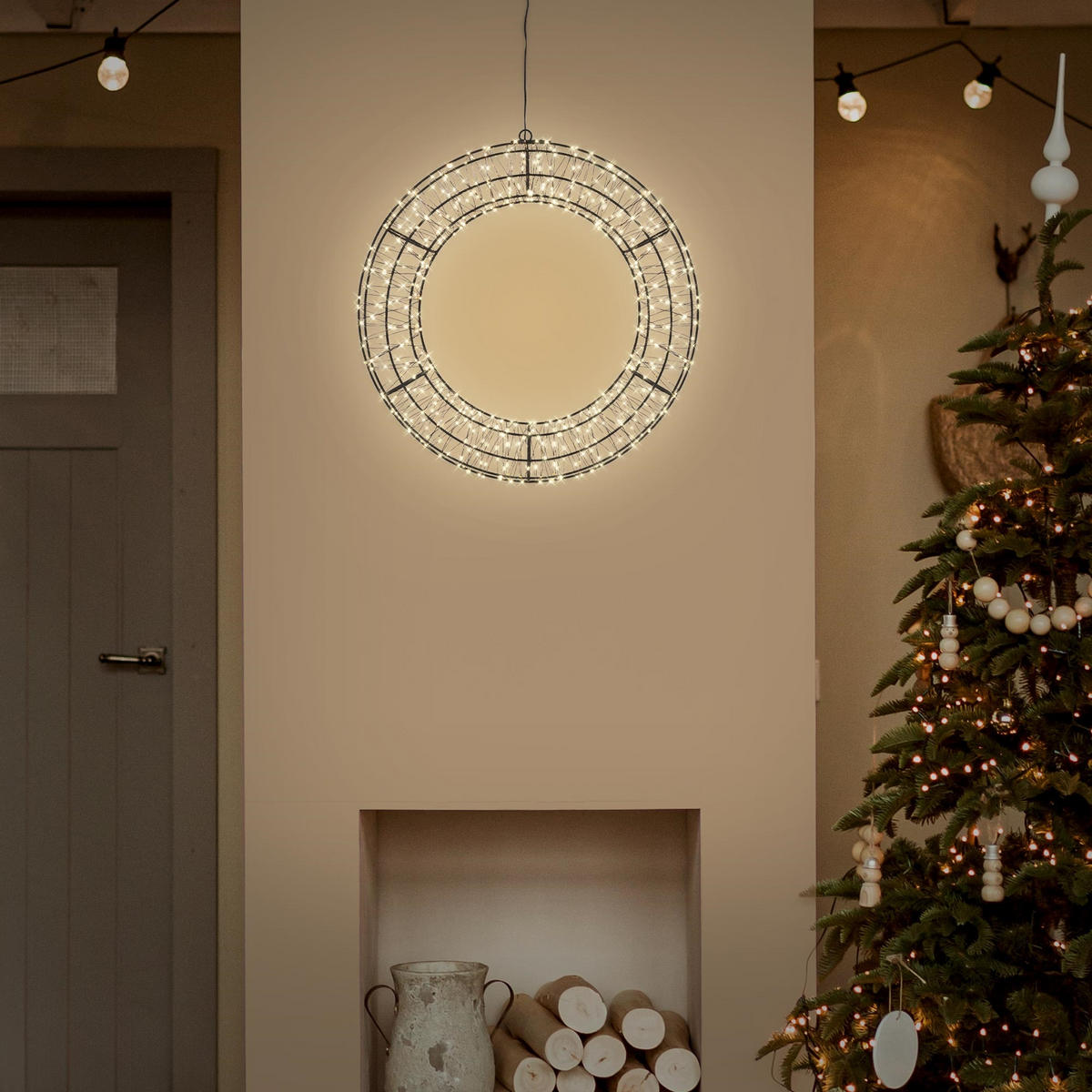 LED VÁNOČNÍ VĚNEC Ø38 cm, vánoční dekorace se světelnou řetězem, teplá bílá, světelný věnec, exteriér - černá, kov (38/38/4cm) - ECD-Germany