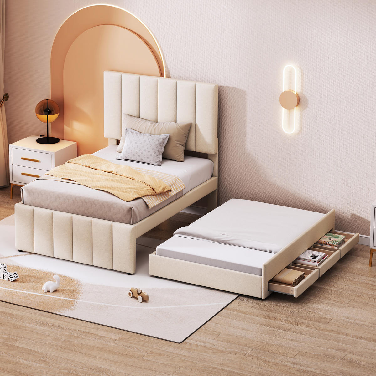 POLSTERBETT 90/200 cm Beige mit Ausziehbett und 3 Schubladen höhenverstellbares Kopfteil - Beige, Textil (90/200cm) - OKWISH