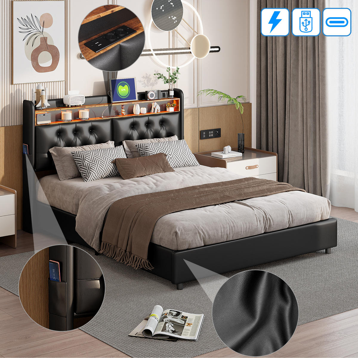 POLSTERBETT 140x200 cm LED USB Stauraum PU Leder schwarz - Schwarz, Holz (140/200cm) - LEBENLANG