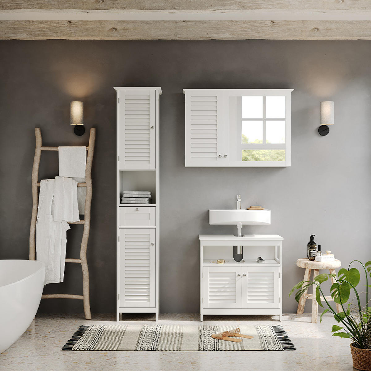 BADSCHRANK Riad Weiß 32 x 170 cm mit Türen, Schublade und offenem Fach - Weiß, Holzwerkstoff (32/170/30cm) - Vicco