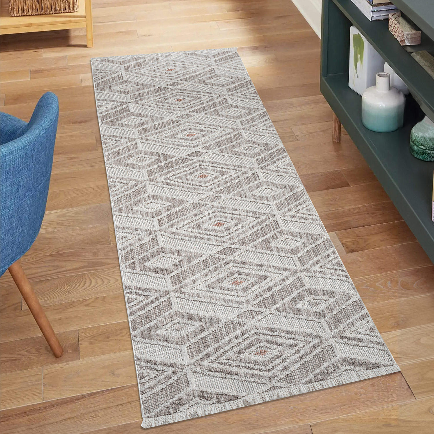 Thumbnail - carpet city Kurzflor-Teppich, Beige, Textil, Rauten, Rechteckig, 80x300 cm, Oeko-Tex® Standard 100, für Fußbodenheizung ...