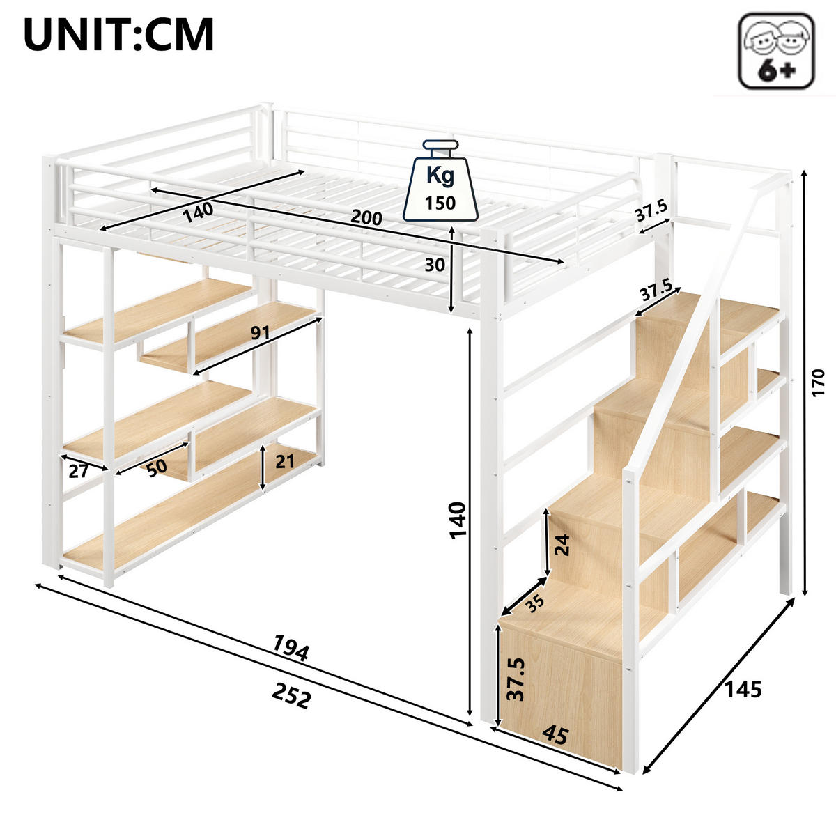 HOCHBETT 140x200 Metall Weiß mit Stauraum LED Treppe - Weiß, Metall - Gisaae