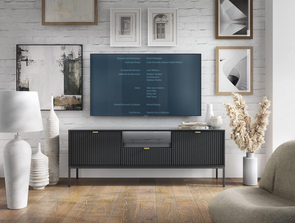 TV-SCHRANK Font 154x56x39 cm - Lowboard mit Stauraum - Tv Ständer aus Laminierter Spanplatte - Schwarz - Schwarz, Holzwerkstoff (154/56/39cm) - Chilly