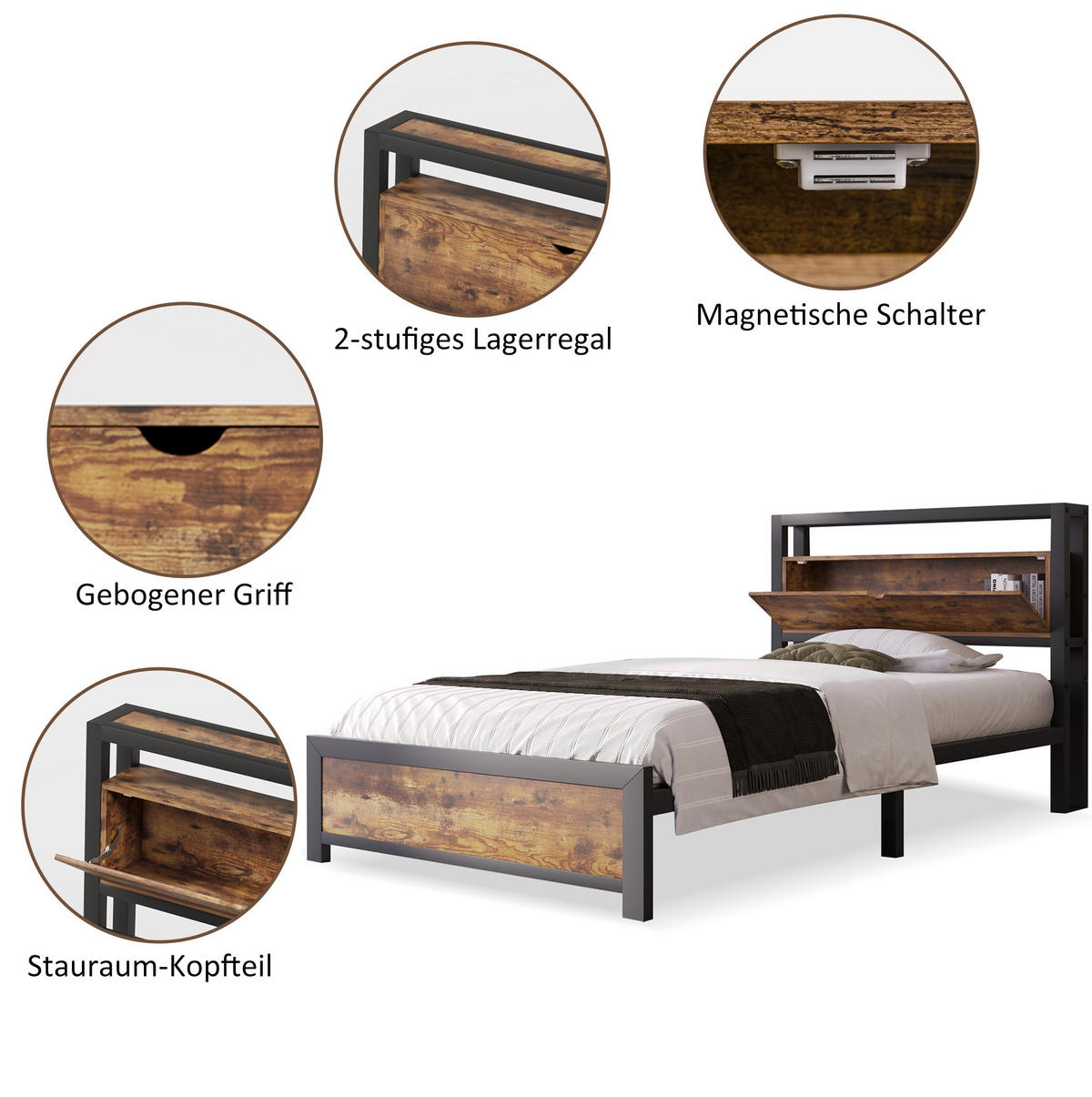METALLBETT 90/200 cm Natur aus Metall und Holz mit Stauraum-Kopfteil - Naturfarben, Metall (90/200cm) - OKMYHOME