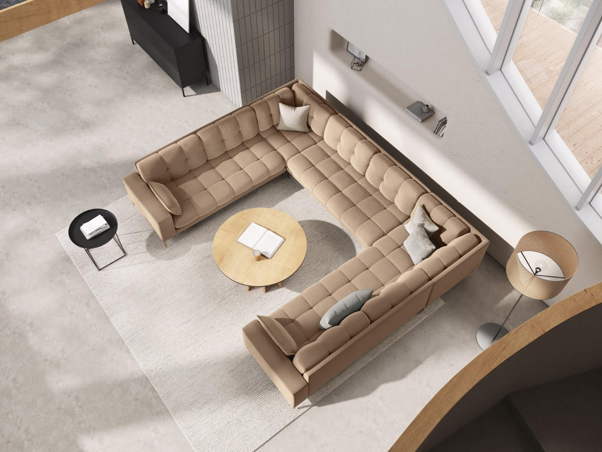 PANORAMASOFA Mamaia aus Samt beige 6 Sitzplätze - Beige, Textil (185/75/383cm) - Micadoni