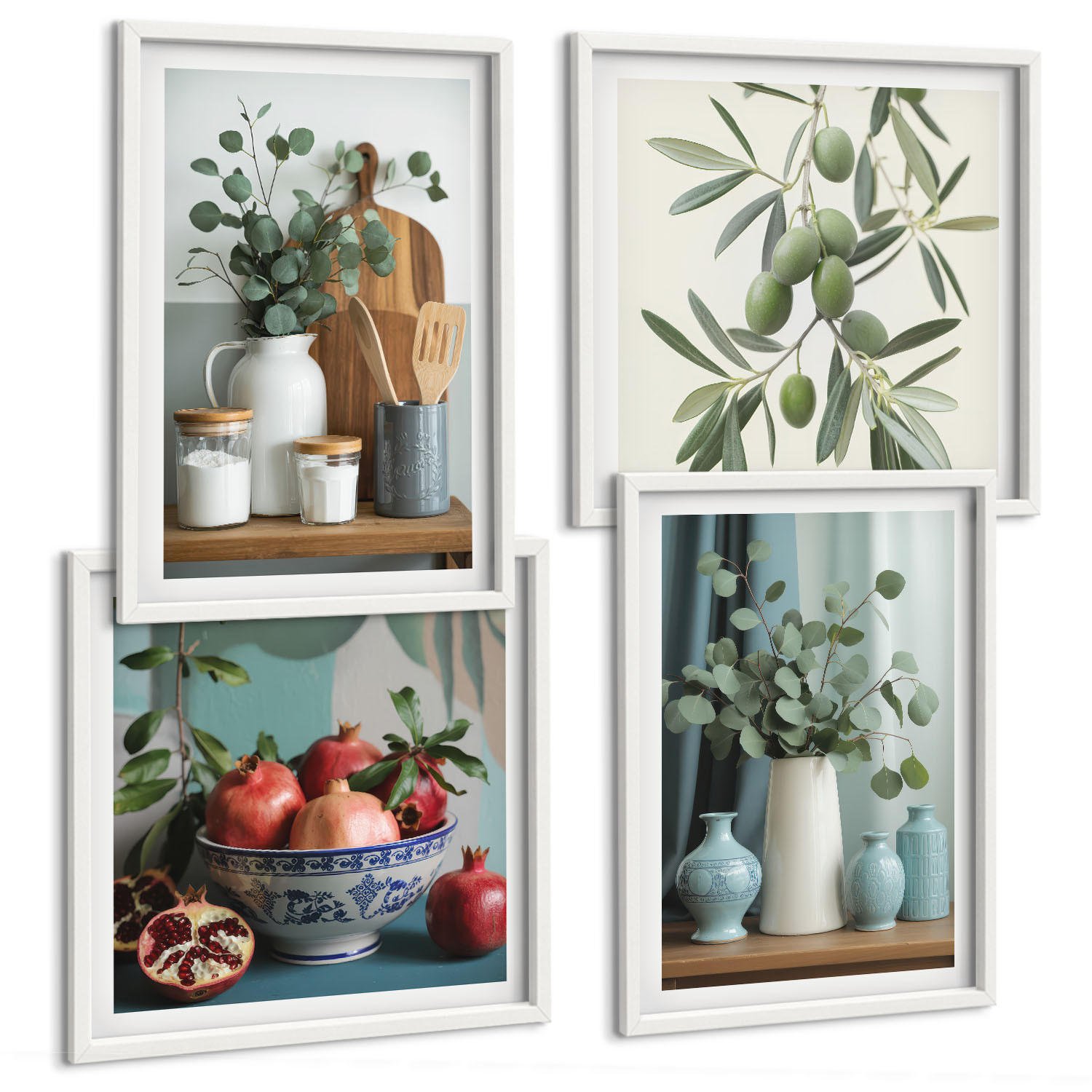 BILDER SET 4er Set - 50x50 cm & 40x60 cm Weißer Rahmen - Grüne Oliven, Eukalyptus - Weiß, Kunststoff (50/50cm) - TULUP