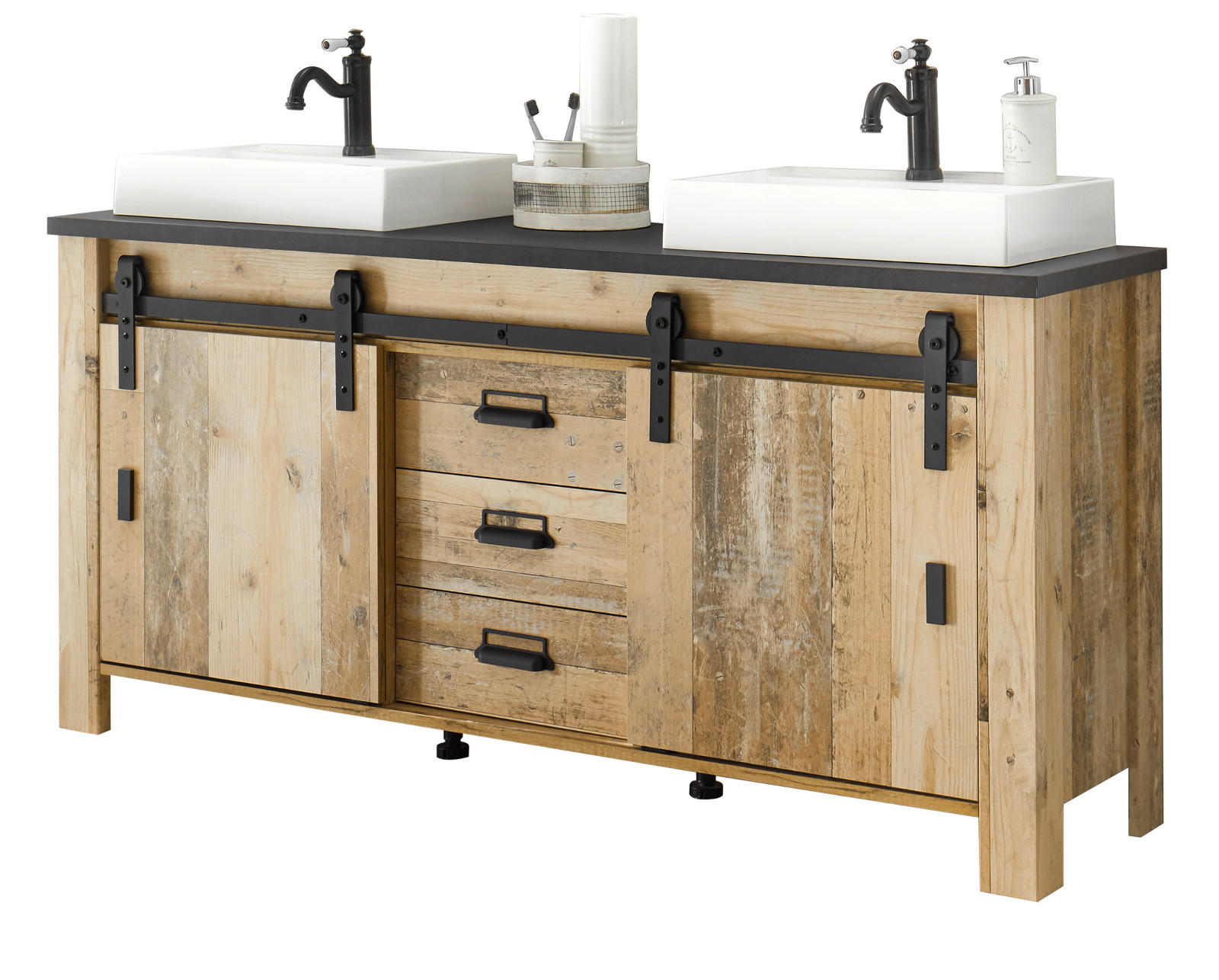 DOPPELWASCHTISCH Used Wood hell, anthrazit, Waschtisch Set inkl. 2 x Waschbecken 164 cm - Eichefarben/Anthrazit, Holz/Holzwerkstoff (164/81/43cm) - Furn.Design