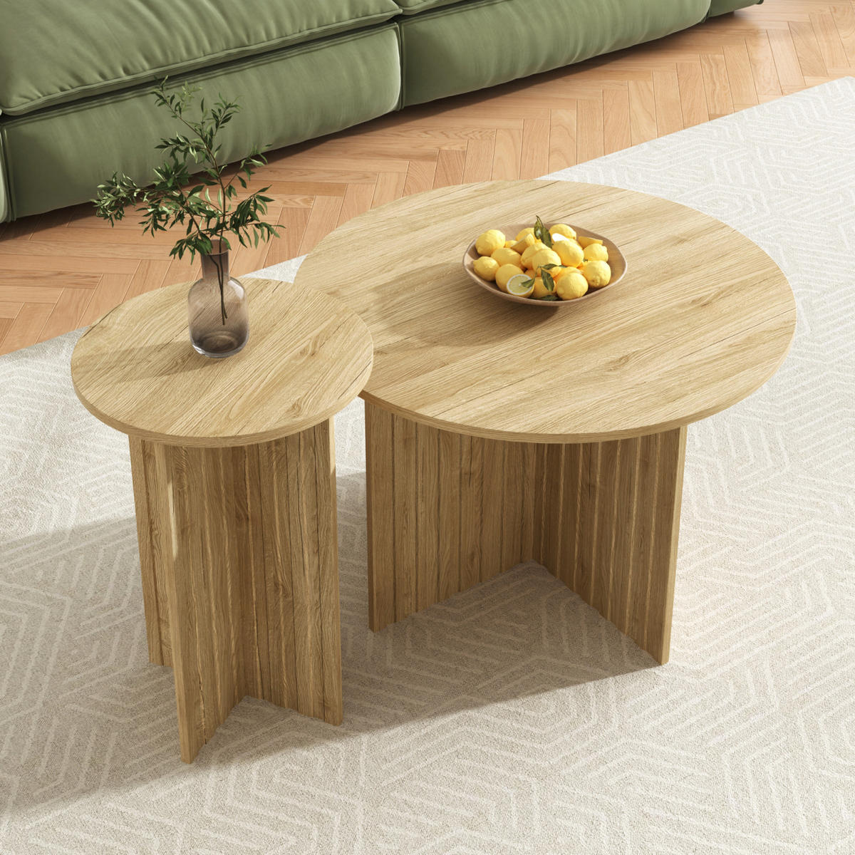 COUCHTISCH-SET Holz, rund im skandinavischen Design - Cognac, Metall (76/76/50cm)