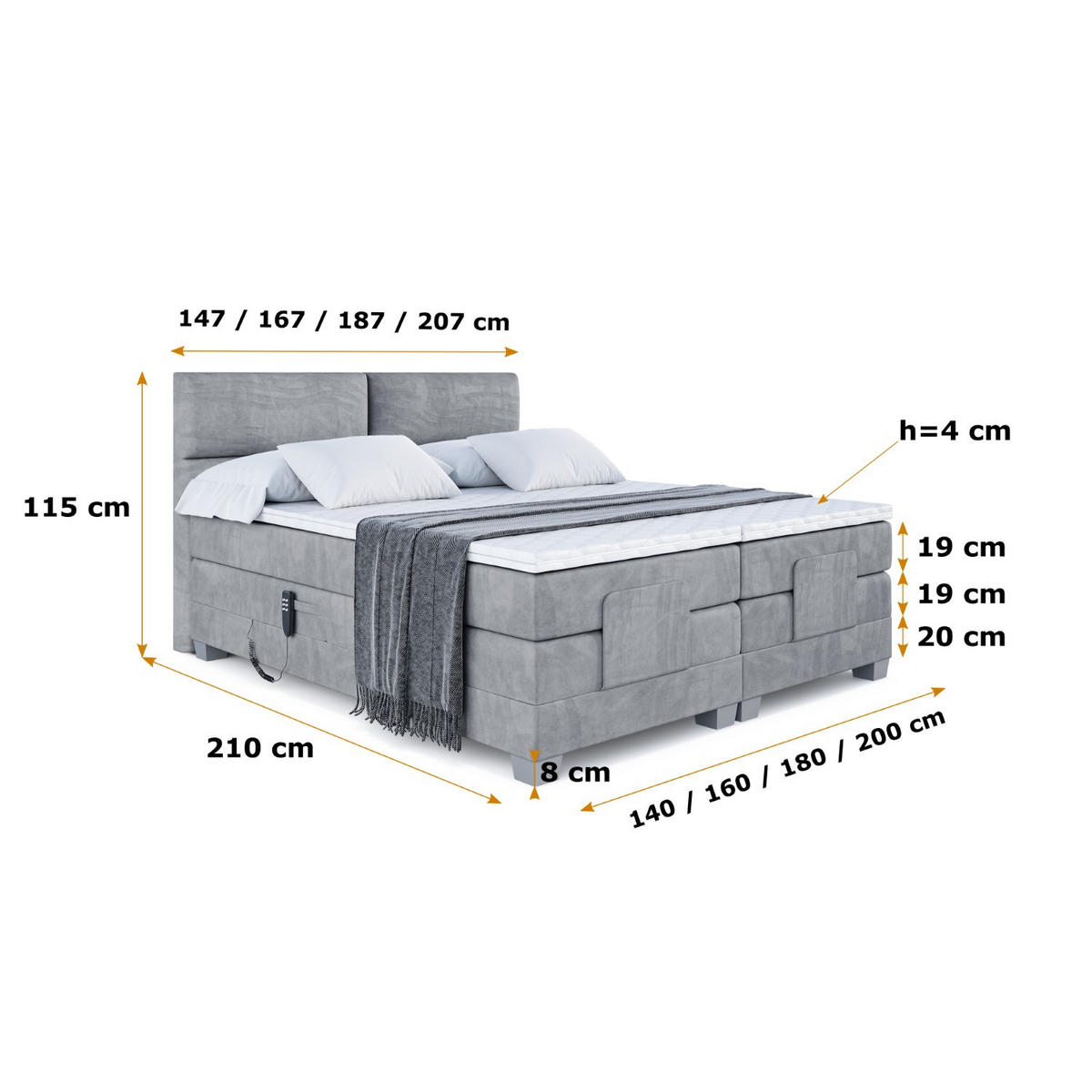BOXSPRINGBETT elektrisch verstellbar mit 2 Matratzen H4/Taschenfederung MAYA EL 140 x 200 Hellgrau - Hellgrau, Holzwerkstoff (147/200cm) - ALTDECOR