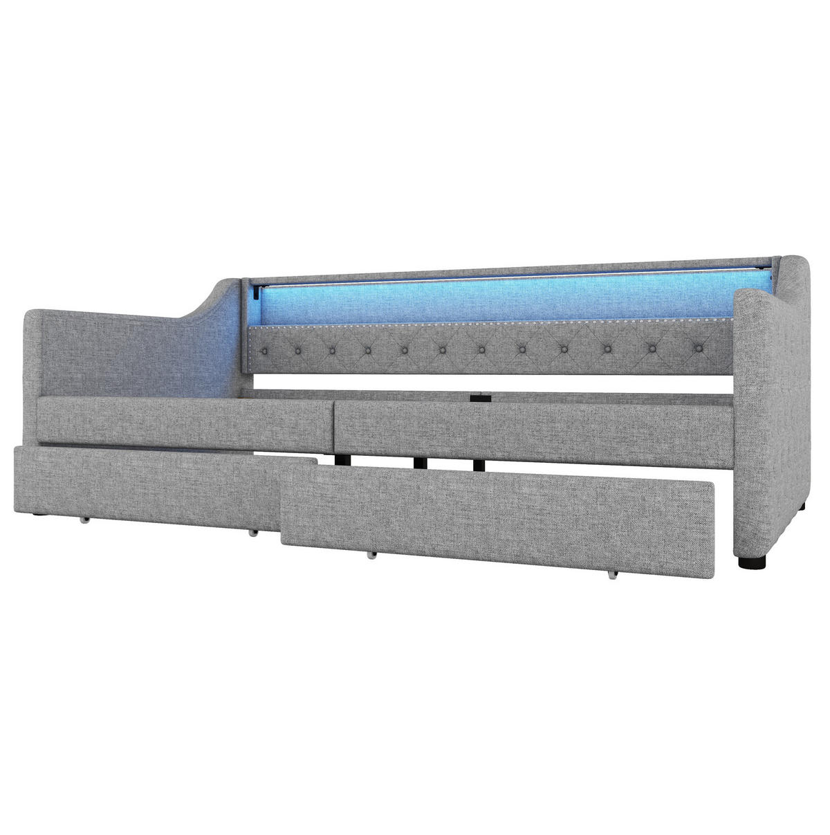 DENNÁ posteľ 90/200 cm sivá z ľanu a MDF s LED osvetlením USB portom a 2 zásuvkami - sivá, textil (90/200cm) - OKWISH
