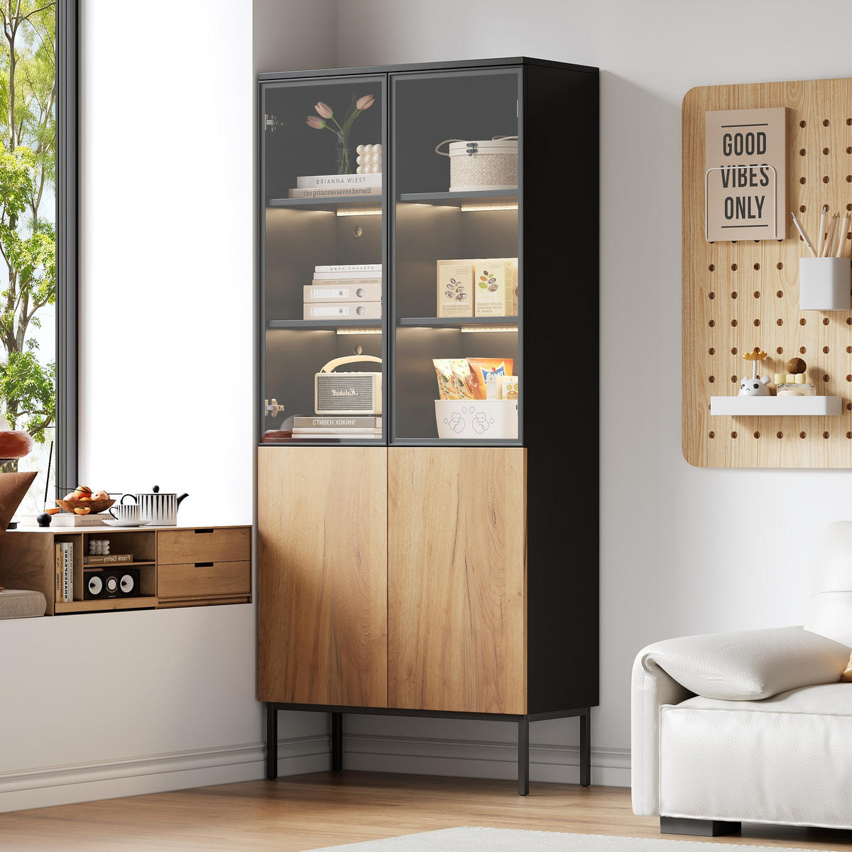 HIGHBOARD mit Glasvitrine LED-Beleuchtung 80/35/180cm - Schwarz, Holzwerkstoff (80/180/35cm) - Urban Meuble
