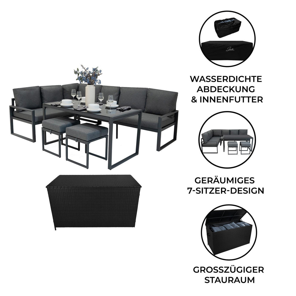 ECKSOFA-SET 5-teiliges Aluminium mit schwarzer Rattan-Aufbewahrungsbox Anthrazitgrau - Anthrazit, Metall